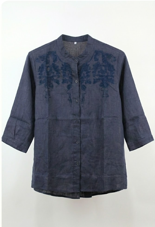 Floral Embroidered Mandarin-Collar Casual Shirt