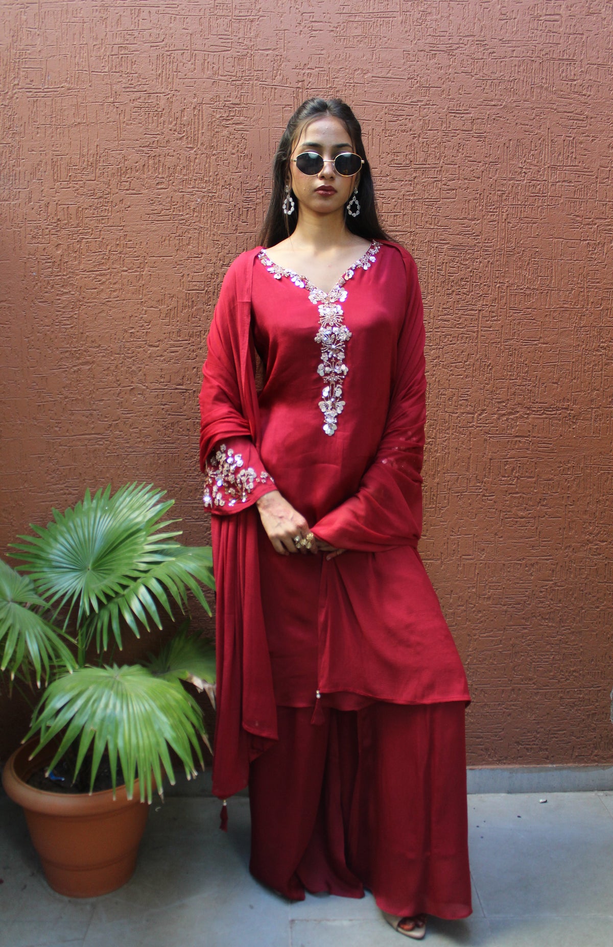 Elegant Red Aline Chinnon Silk Suit Set