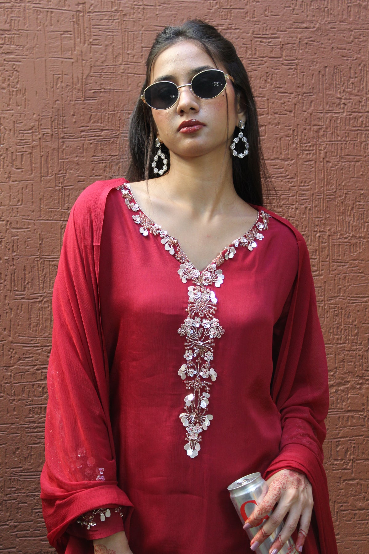 Elegant Red Aline Chinnon Silk Suit Set