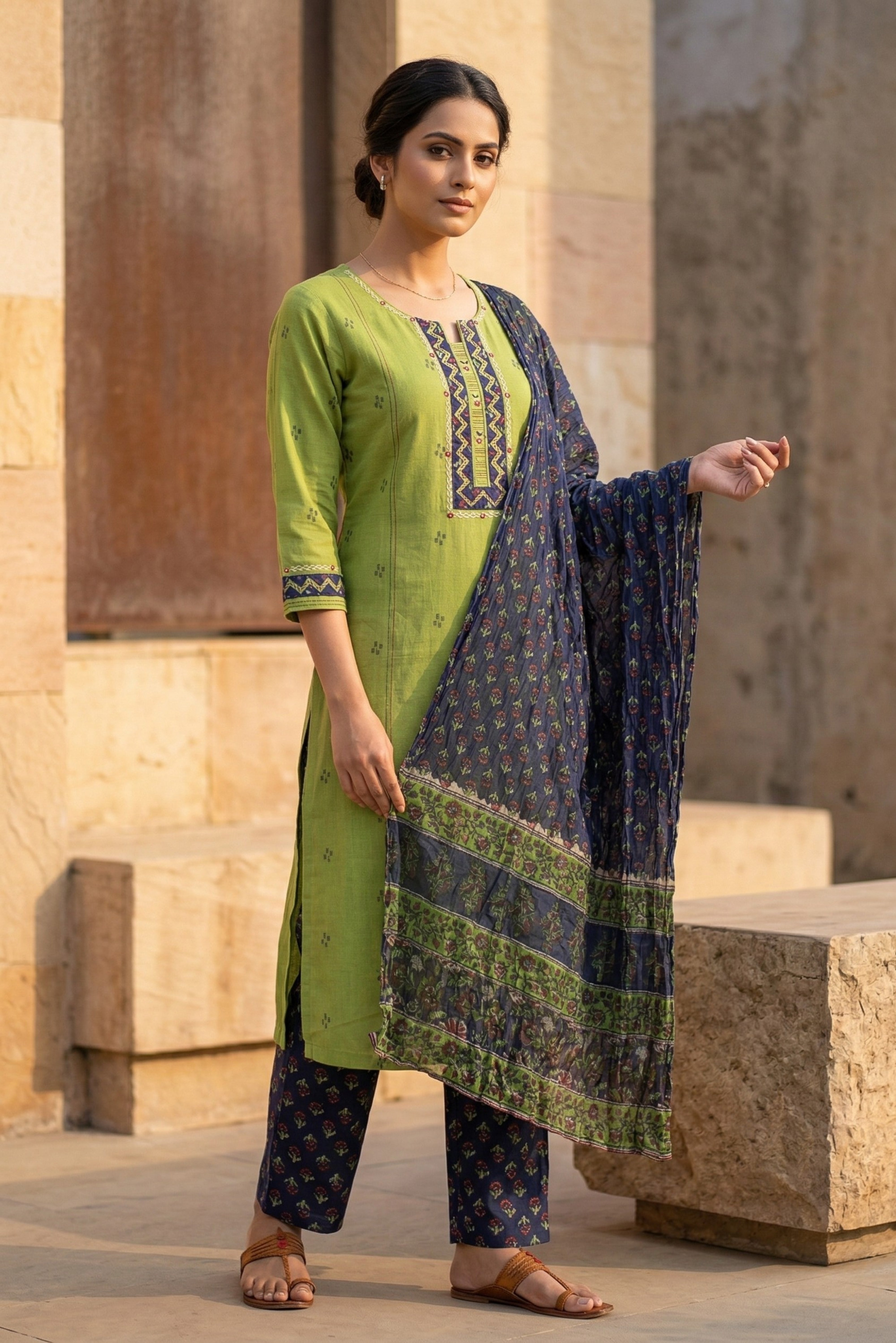 Graceful Green Straight Cotton Suit Set