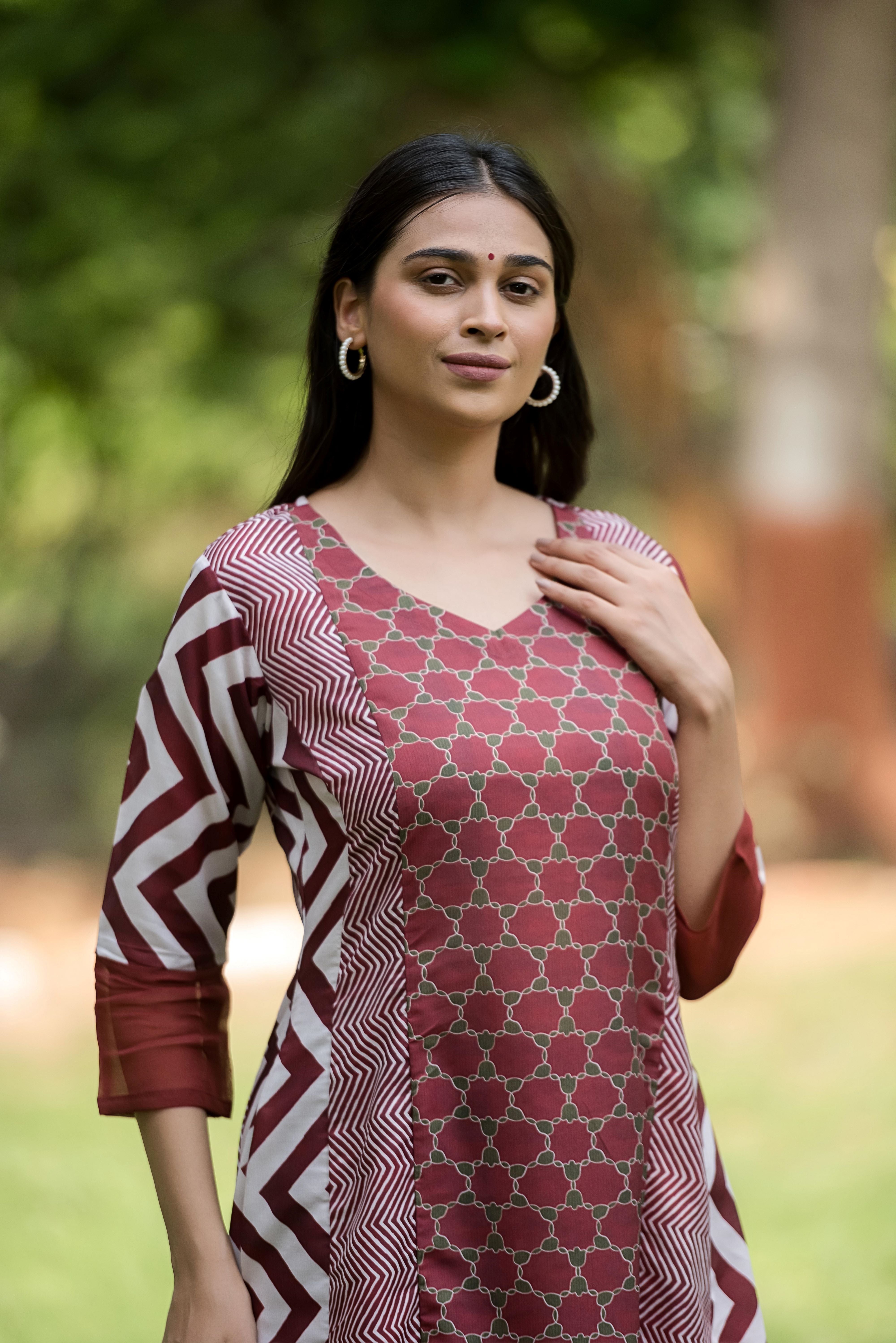A Maroon Poly Muslin Kali  Kurta Set
