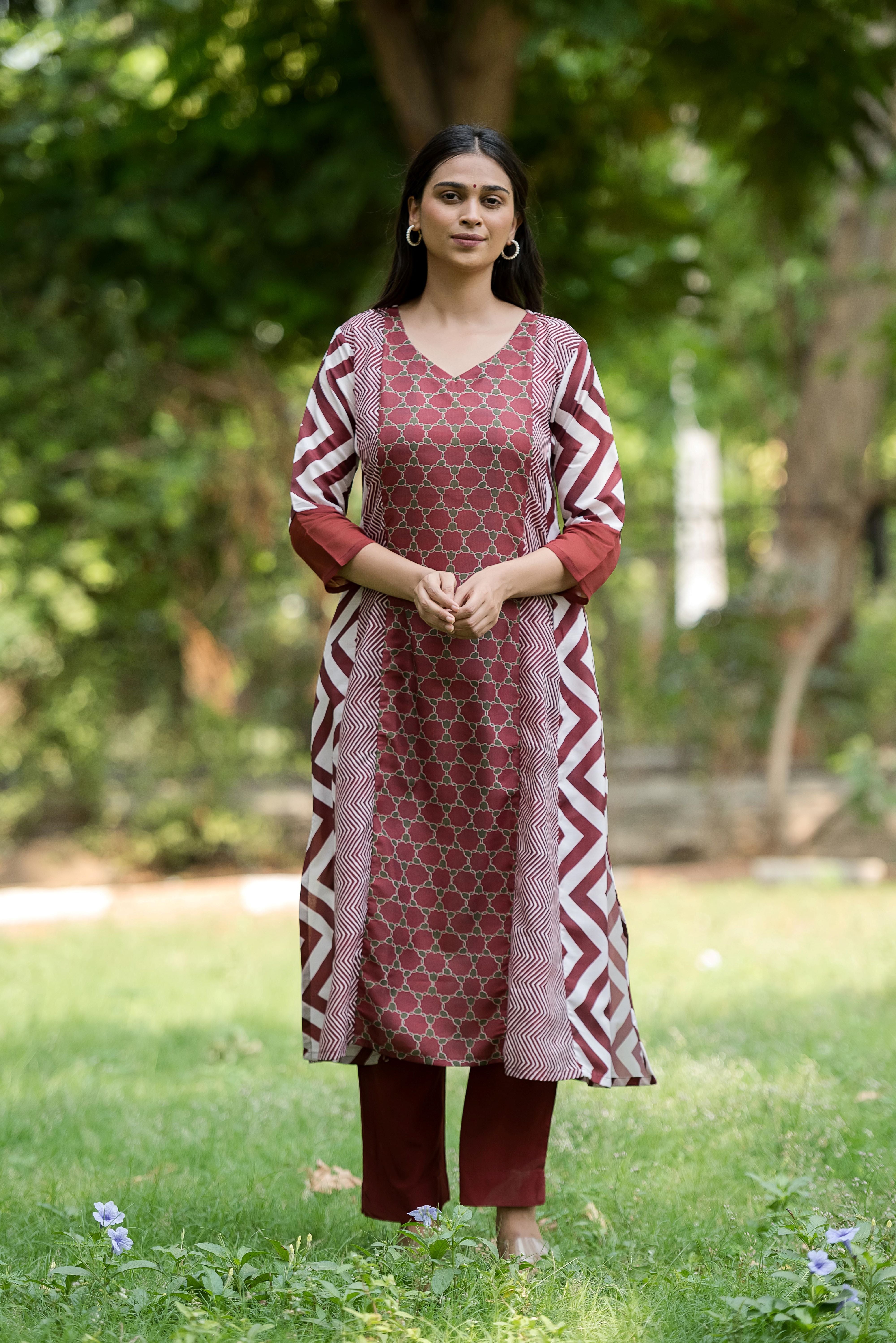 A Maroon Poly Muslin Kali  Kurta Set