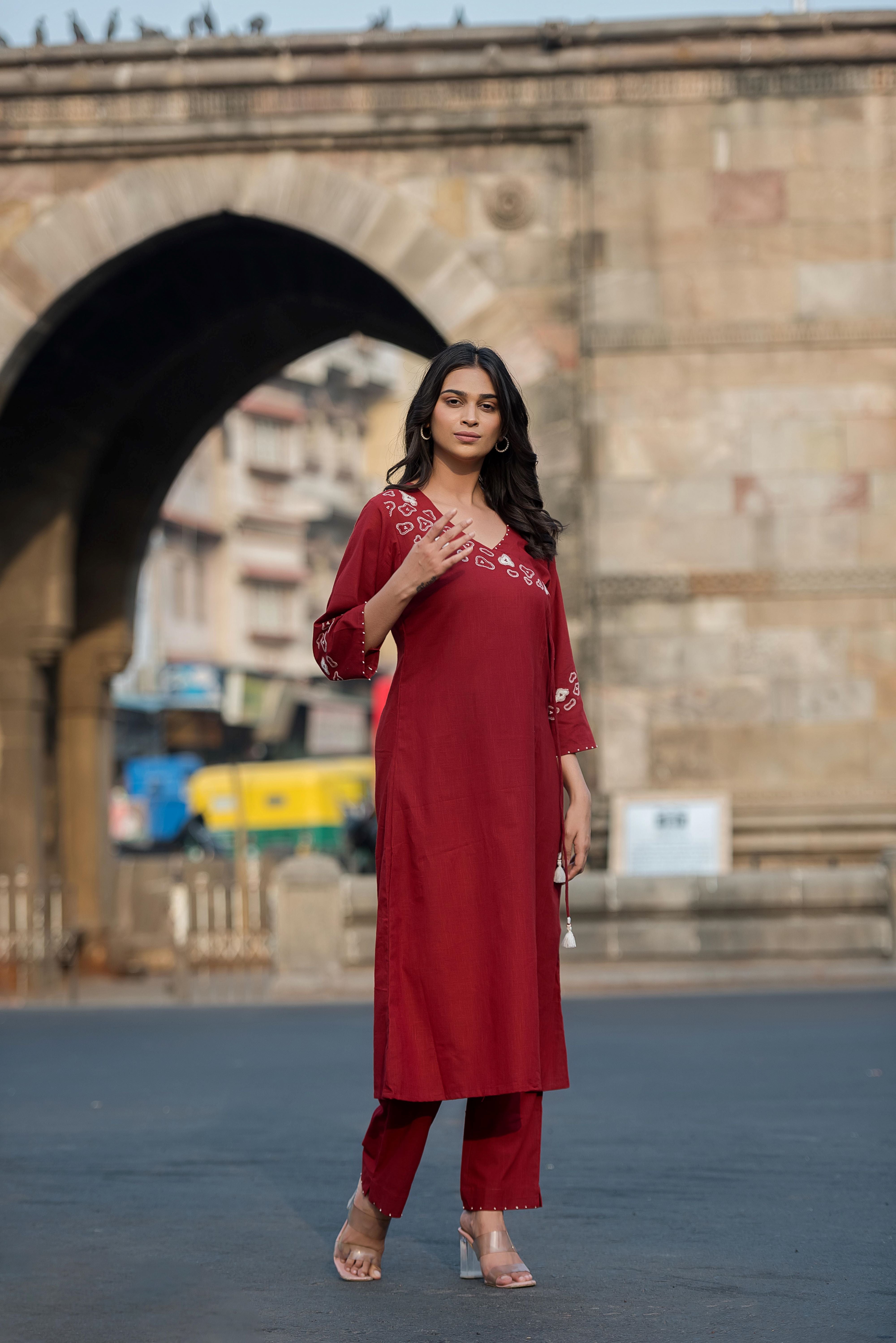 Red Angrakha  Kurta Set