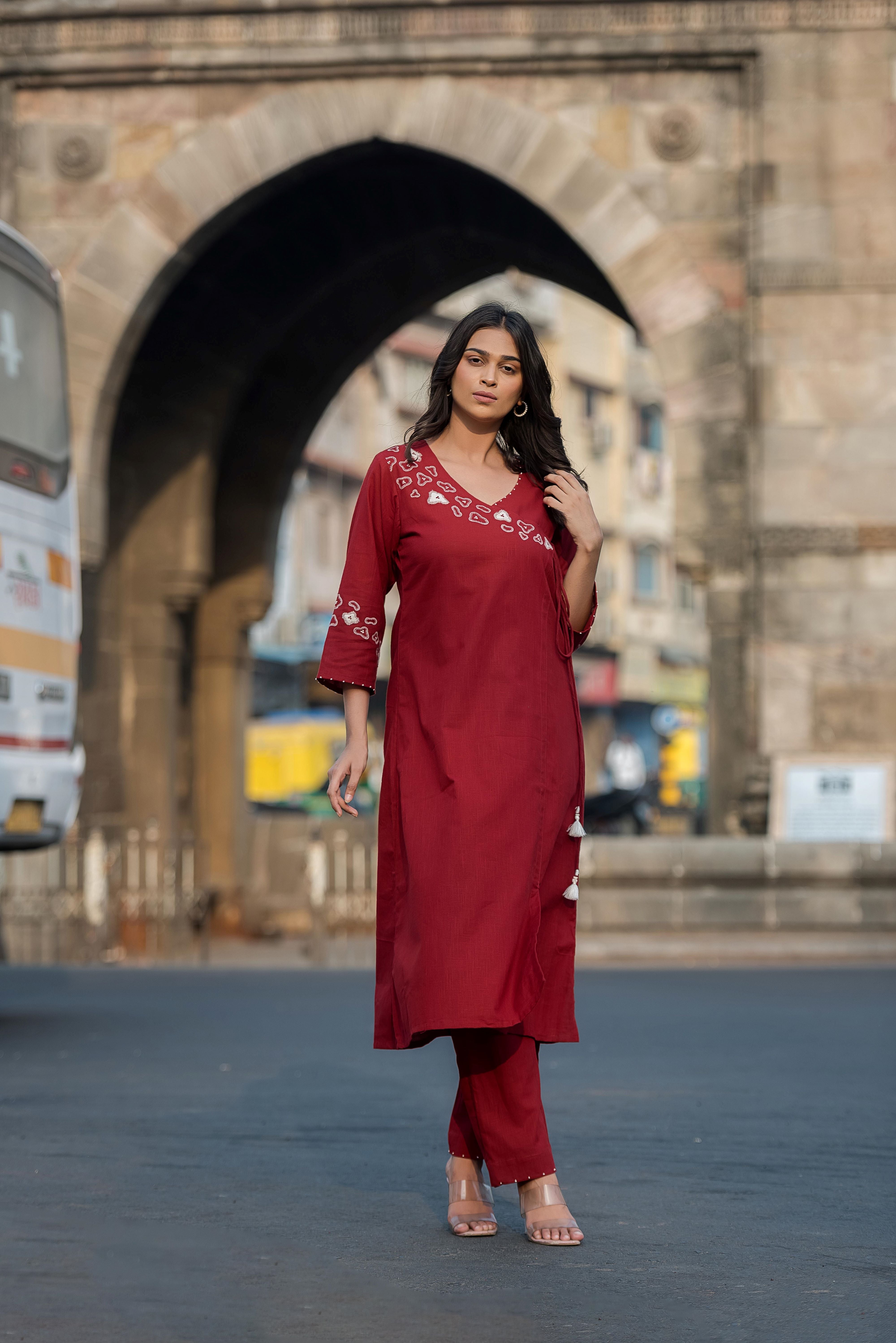 Red Angrakha  Kurta Set