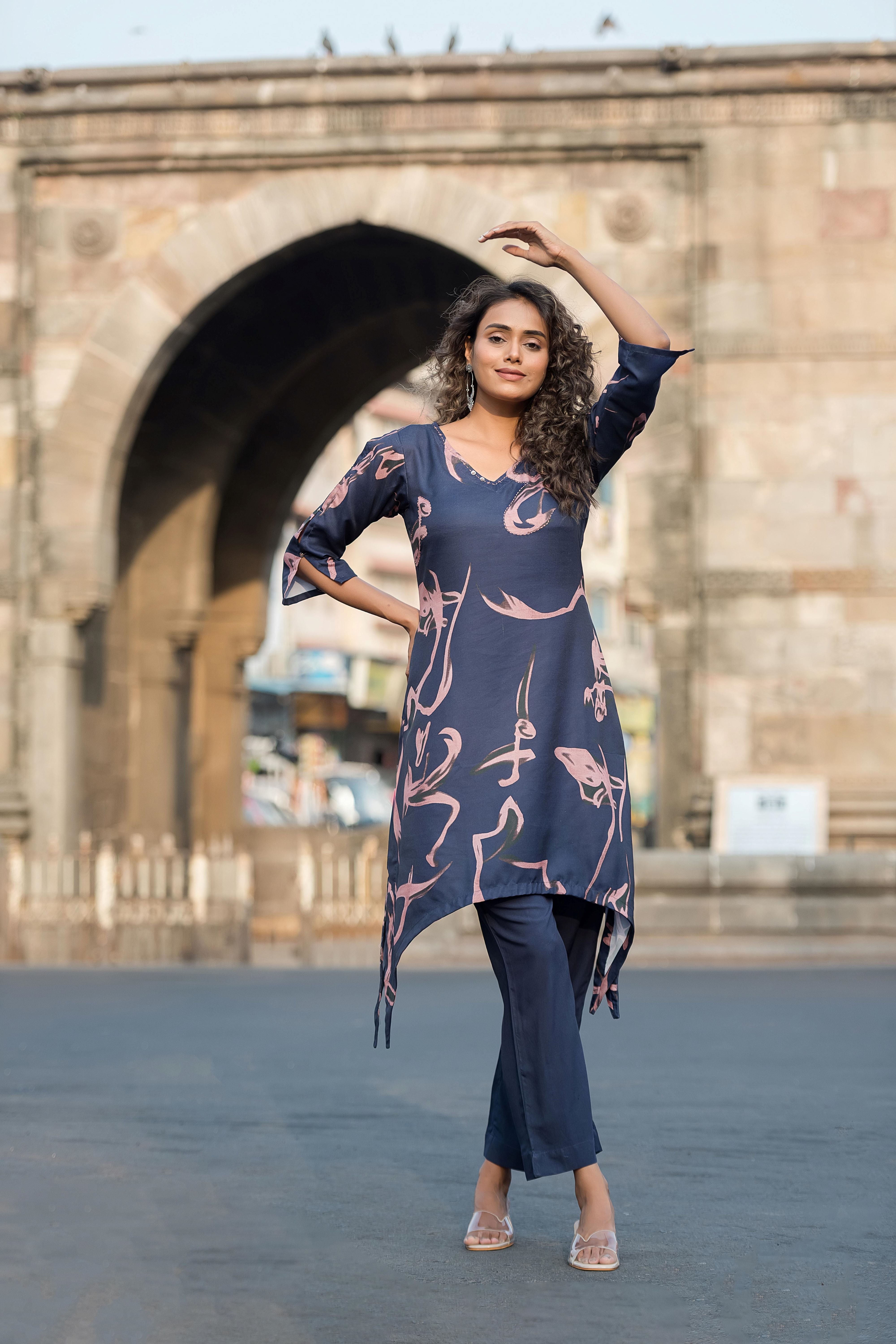 A Blue Asymmetrical Poly Muslin Kurta Set