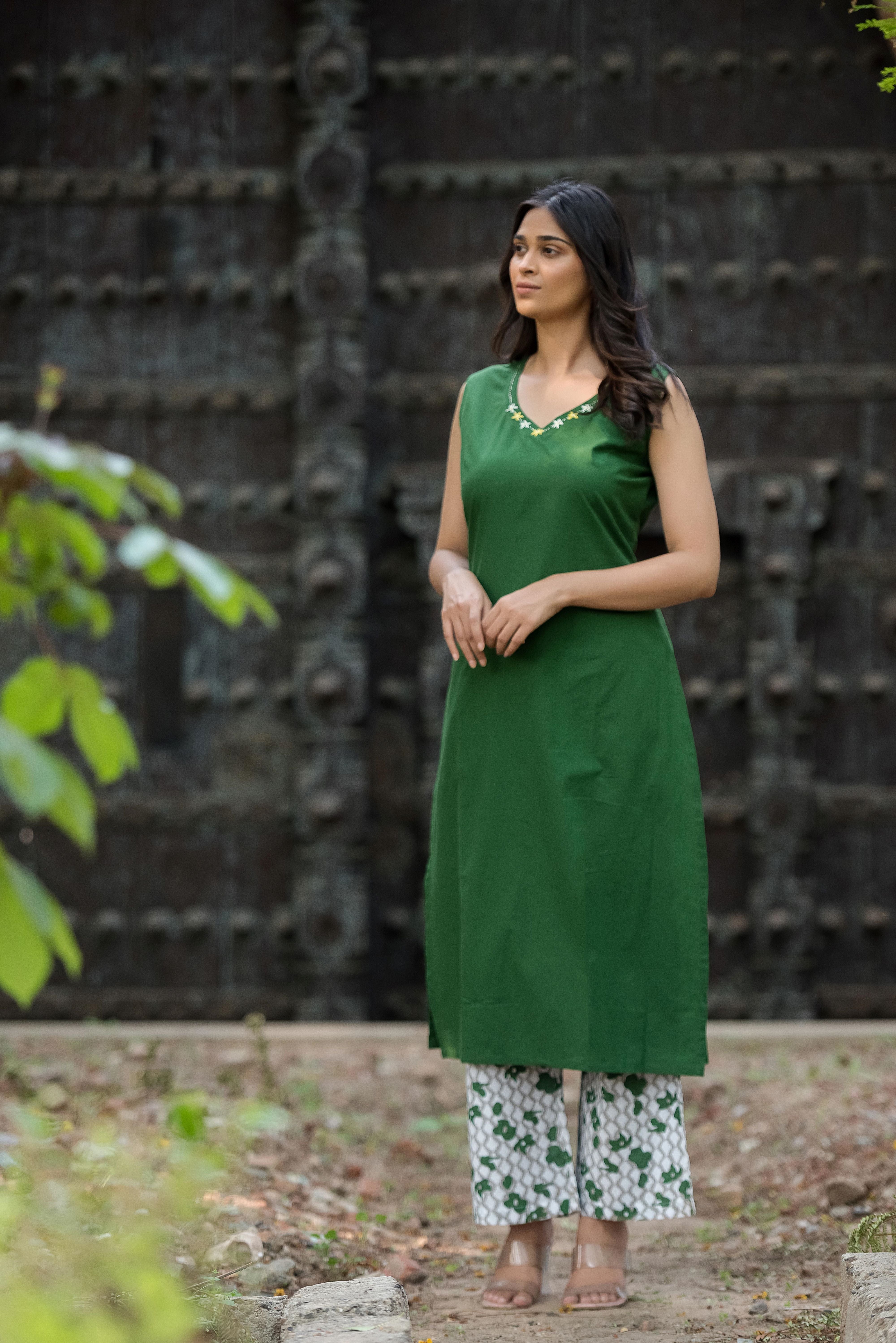 Green A-line Cotton Kurta Set