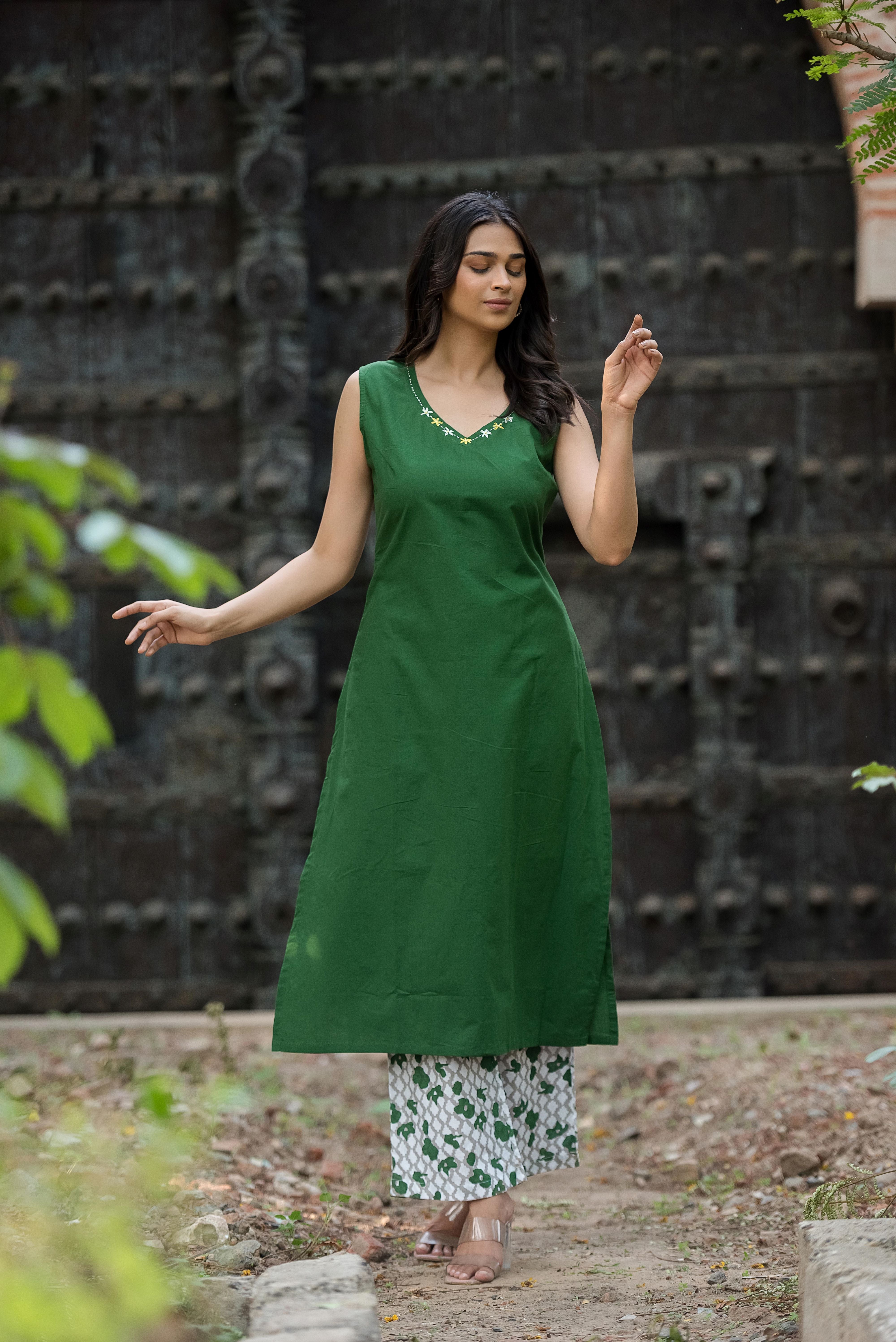 Green A-line Cotton Kurta Set