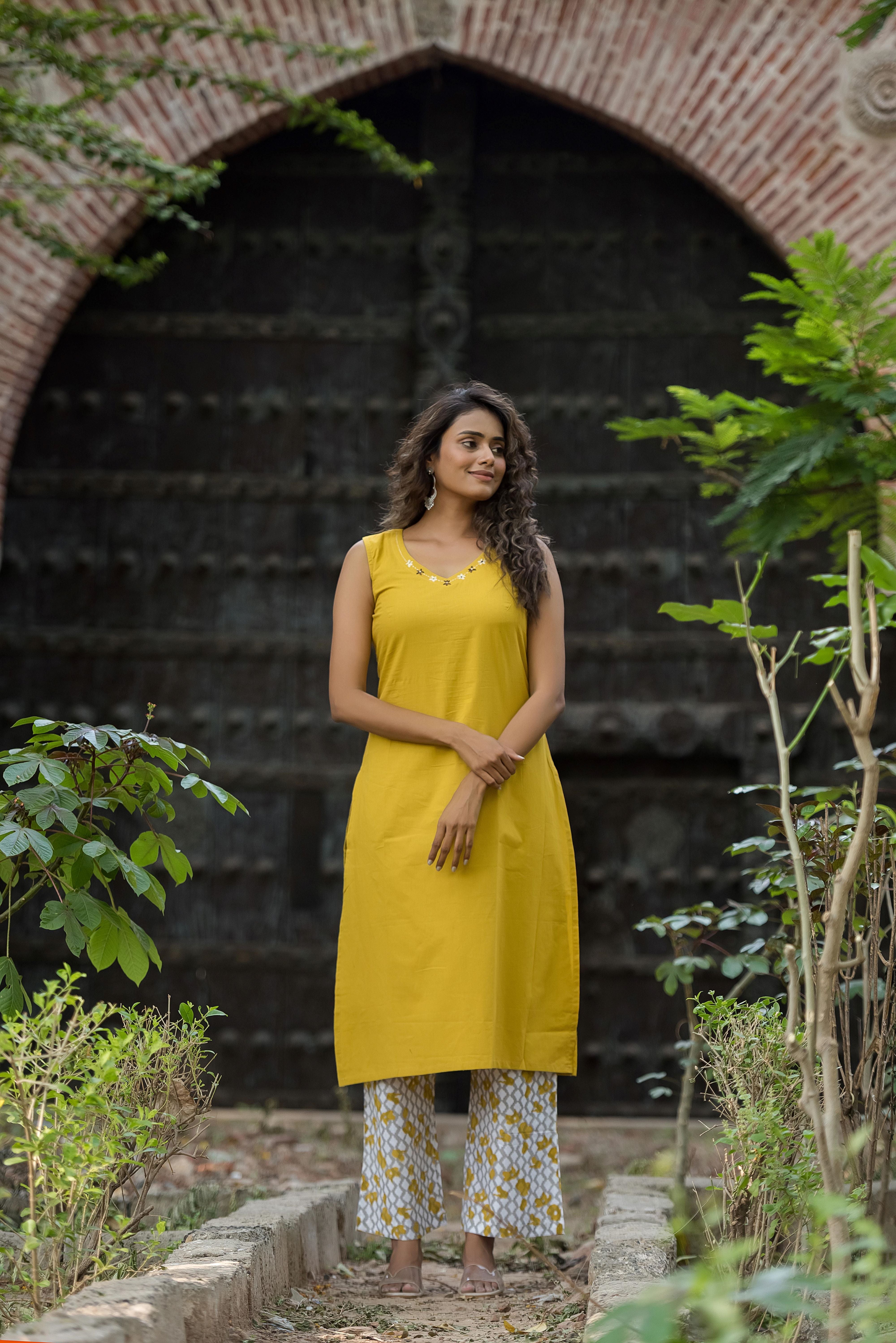 Yellow A-line Cotton Kurta Set