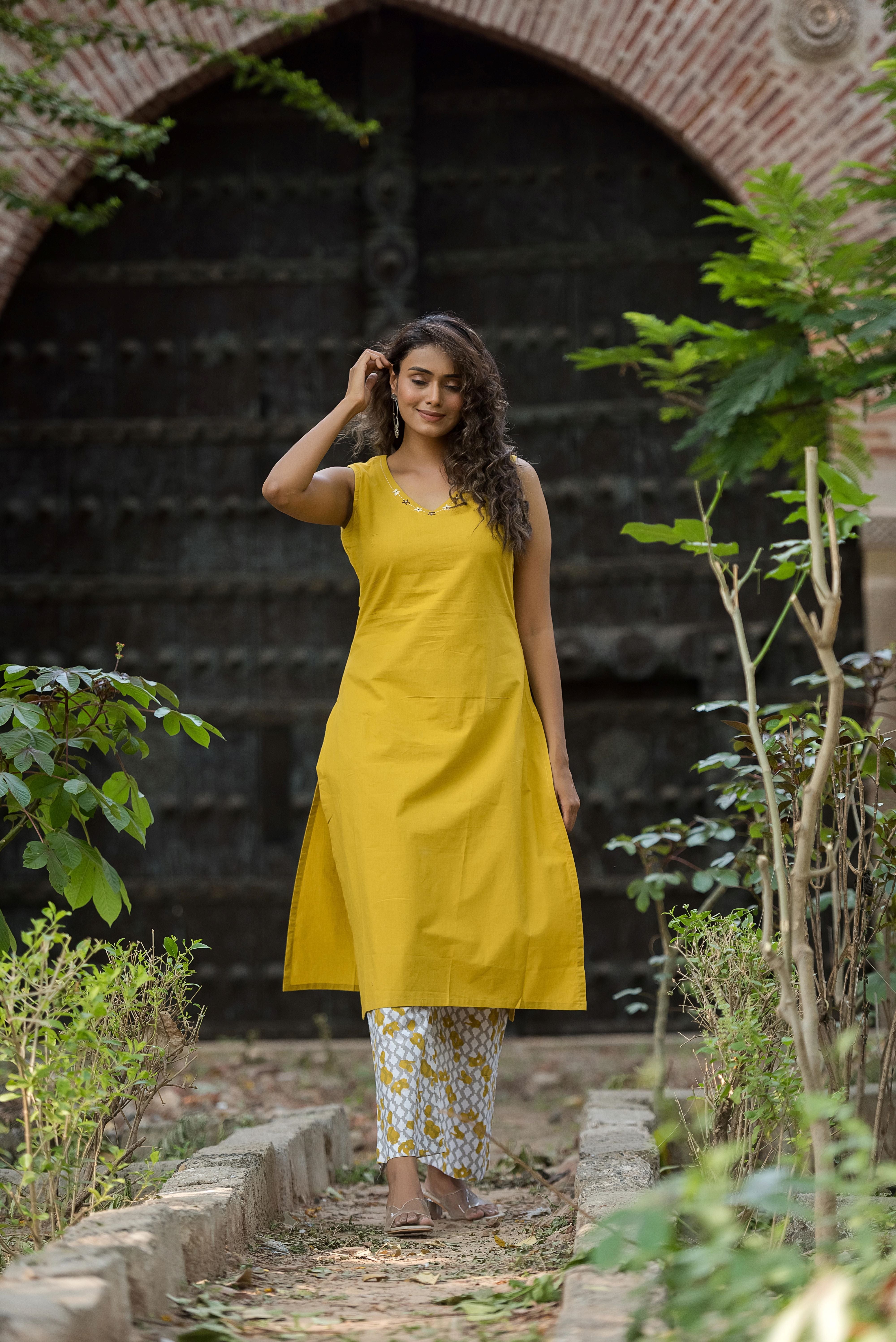 Yellow A-line Cotton Kurta Set