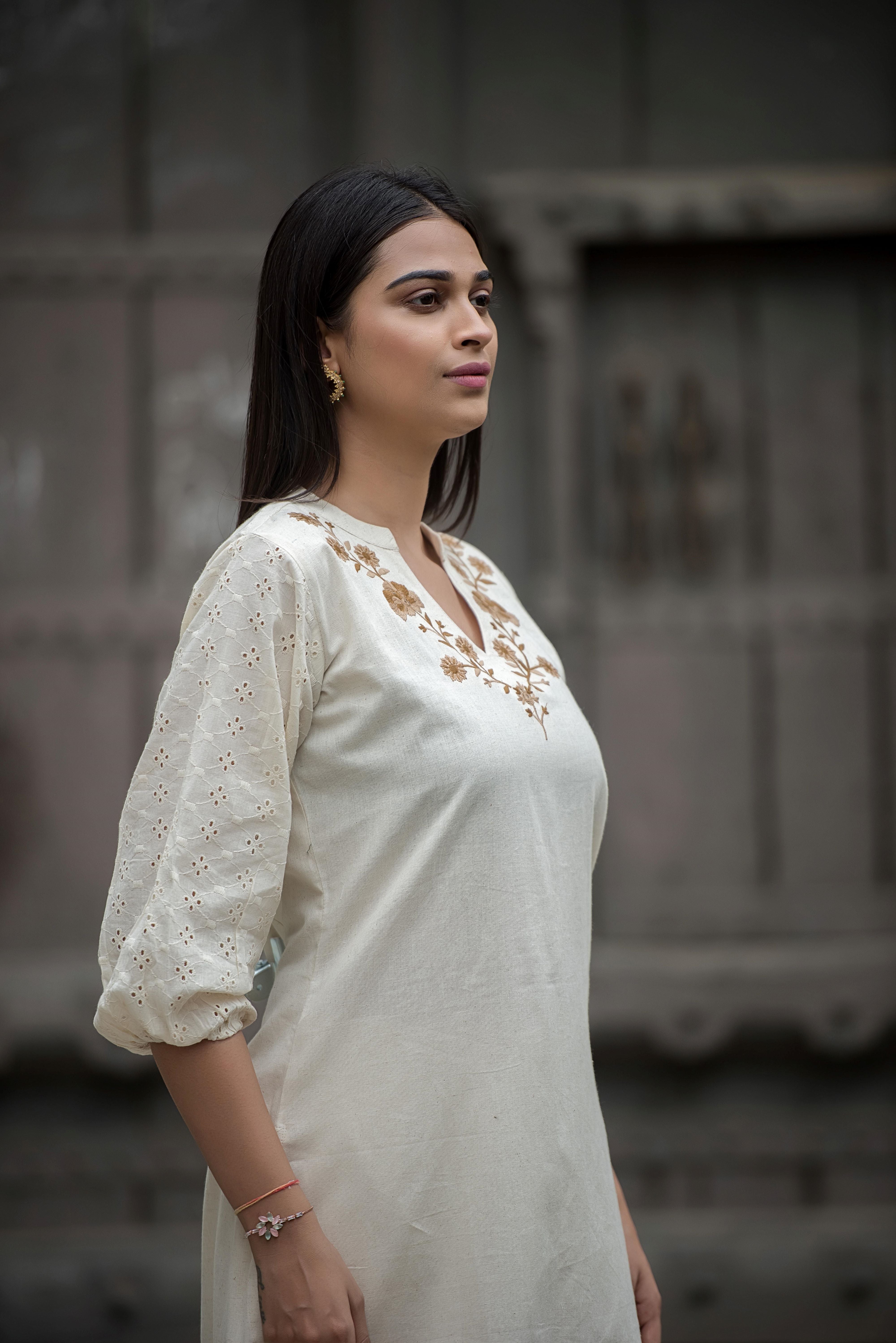 Beige Balloon Sleeve Co-ord Set