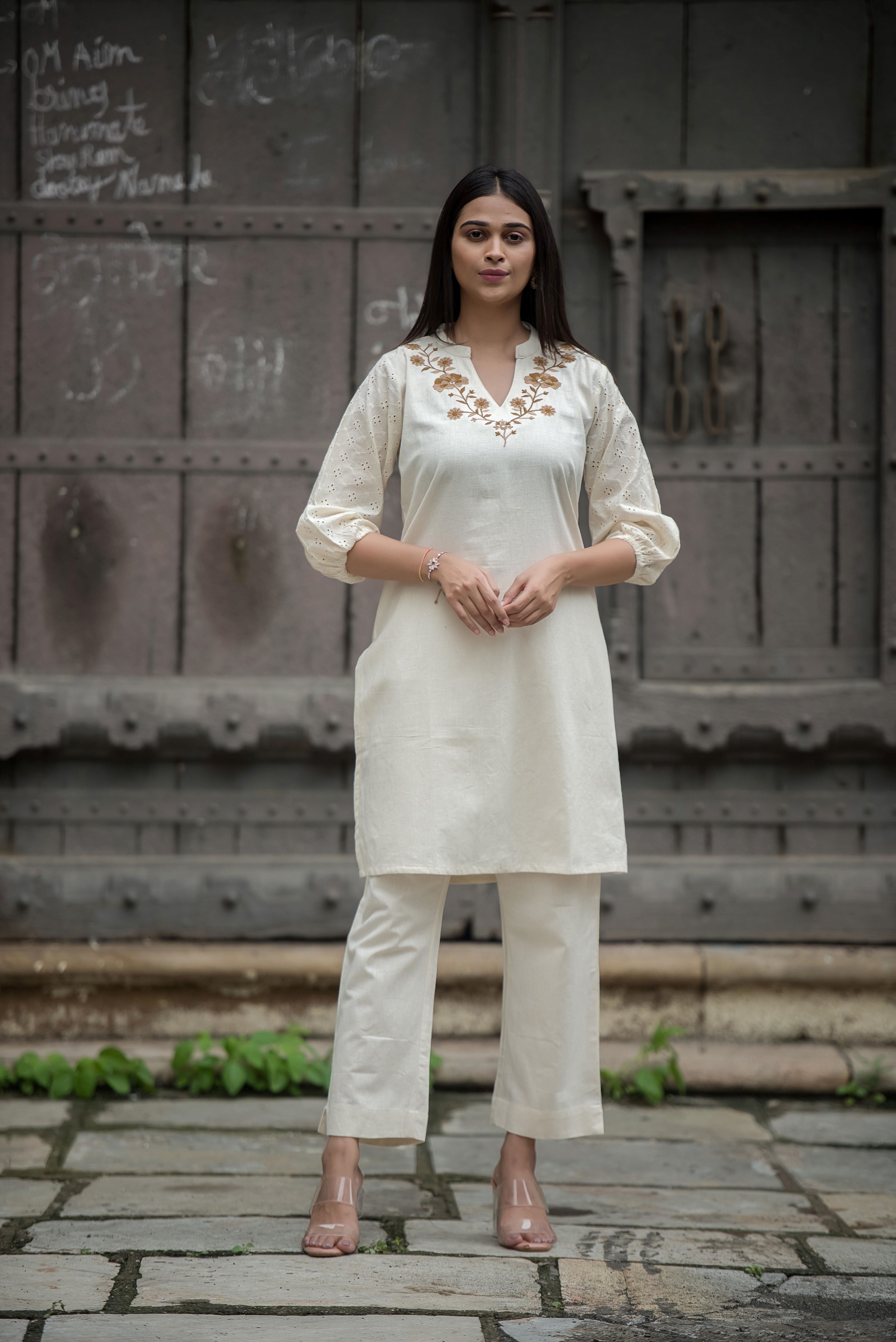 Beige Balloon Sleeve Co-ord Set