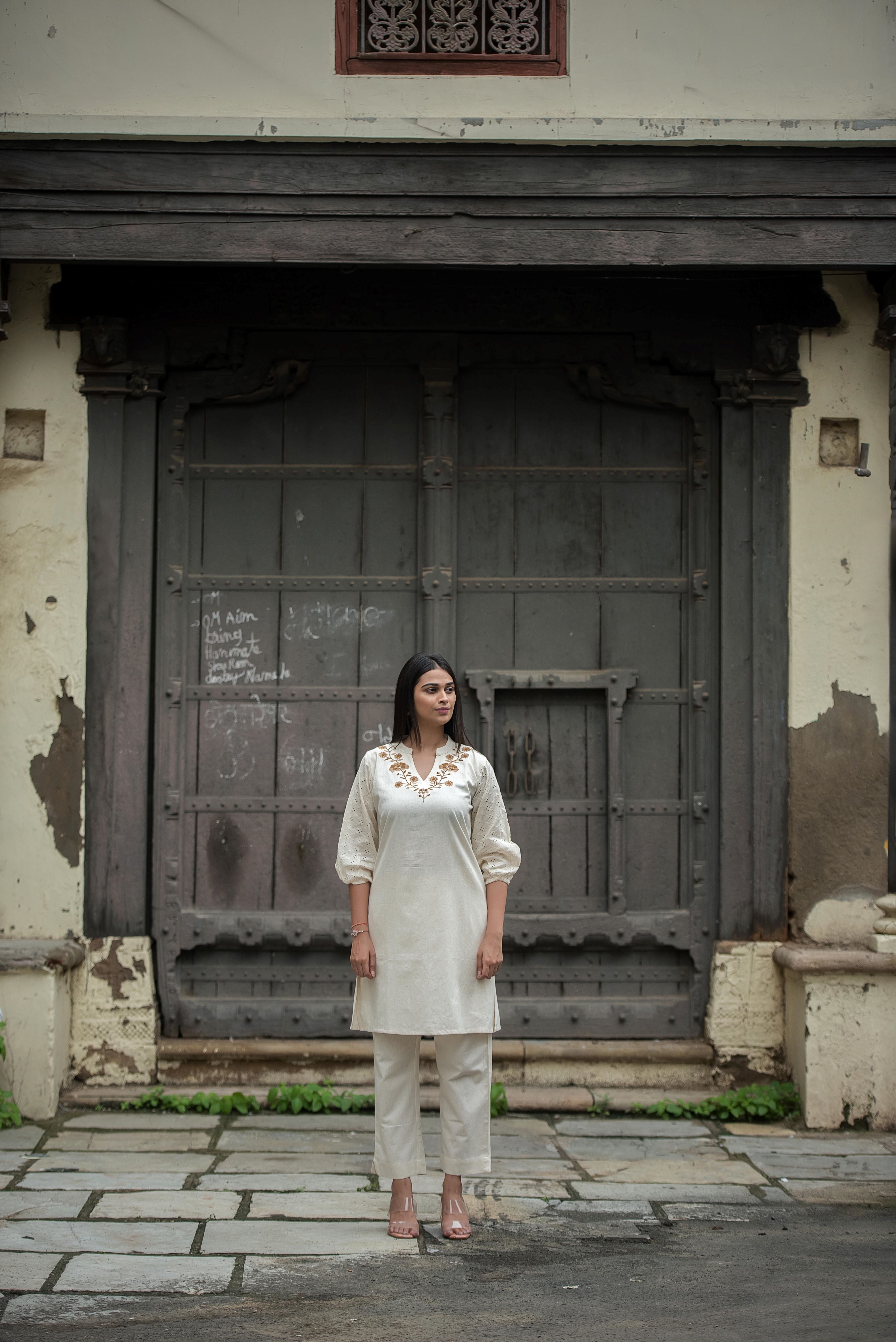 Beige Balloon Sleeve Co-ord Set