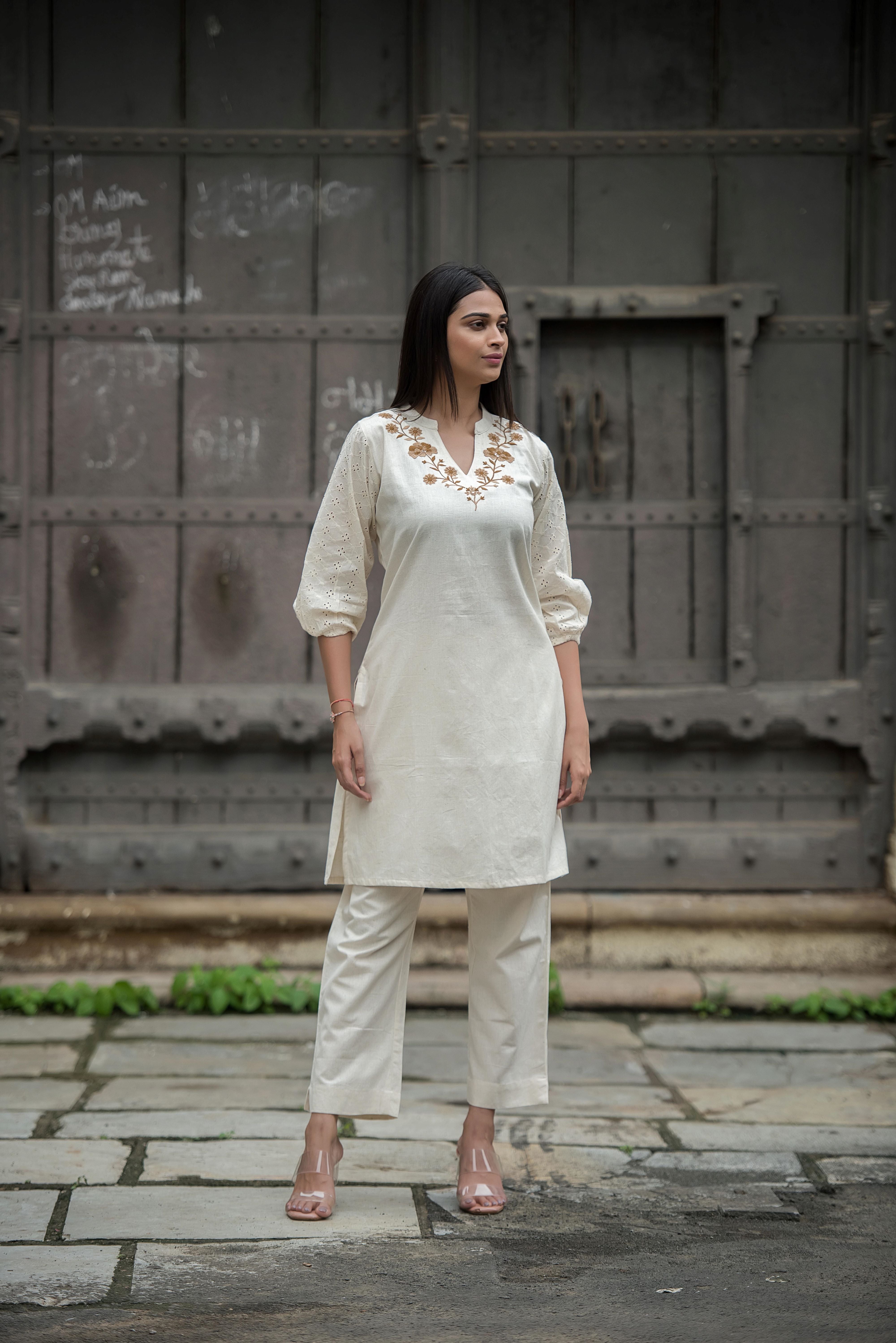 Beige Balloon Sleeve Co-ord Set
