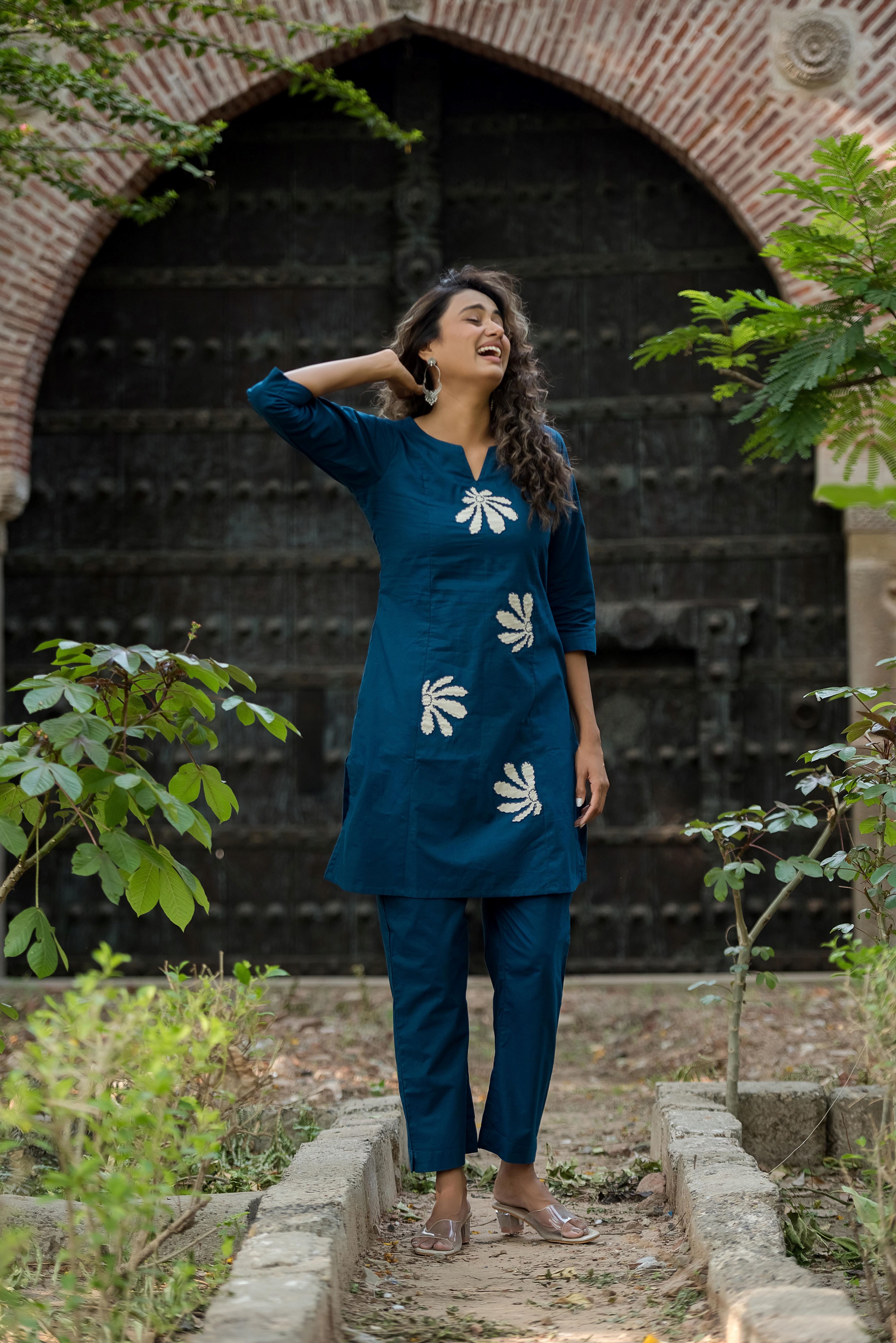 A Blue Cotton A-line Kurta Set
