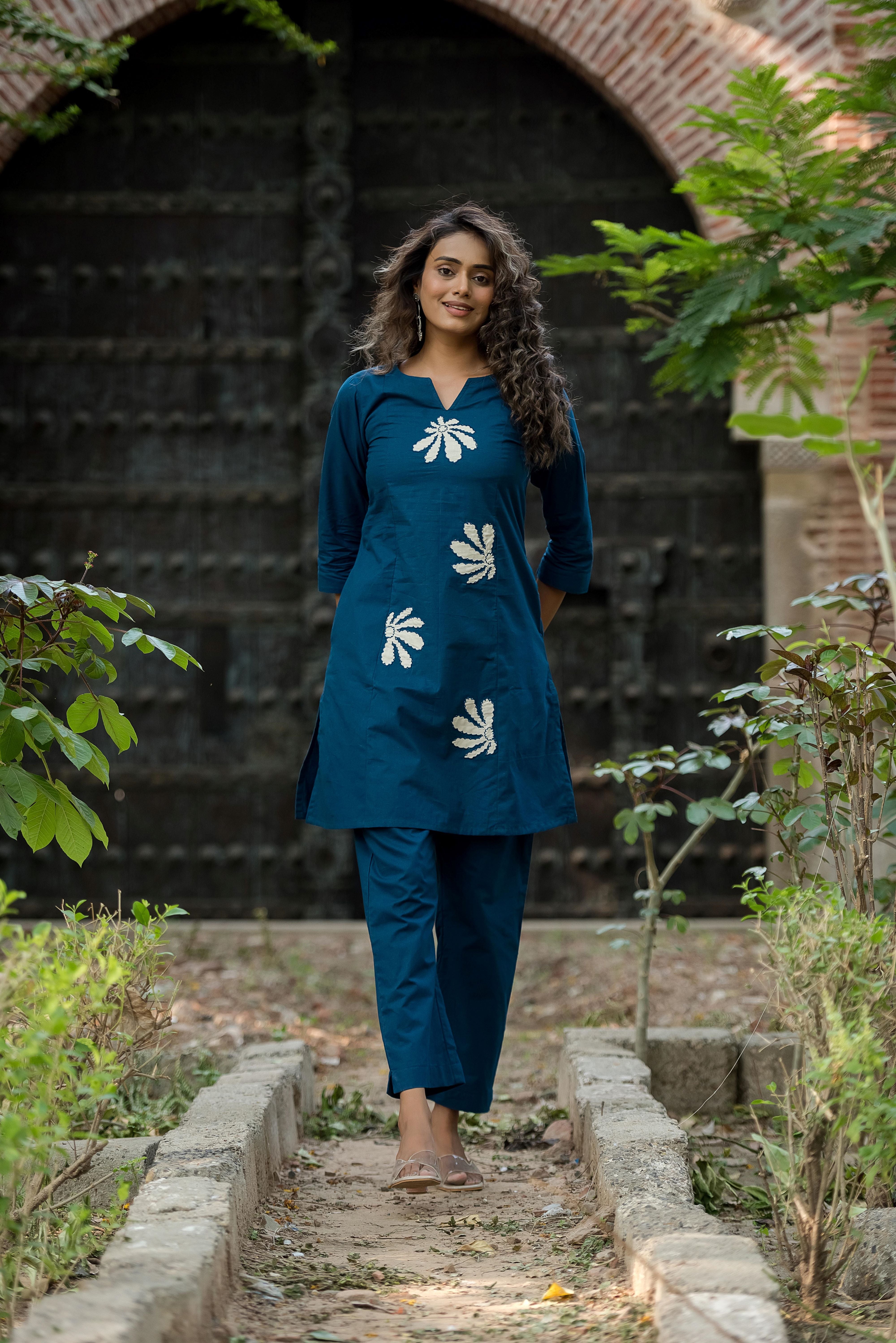 A Blue Cotton A-line Kurta Set