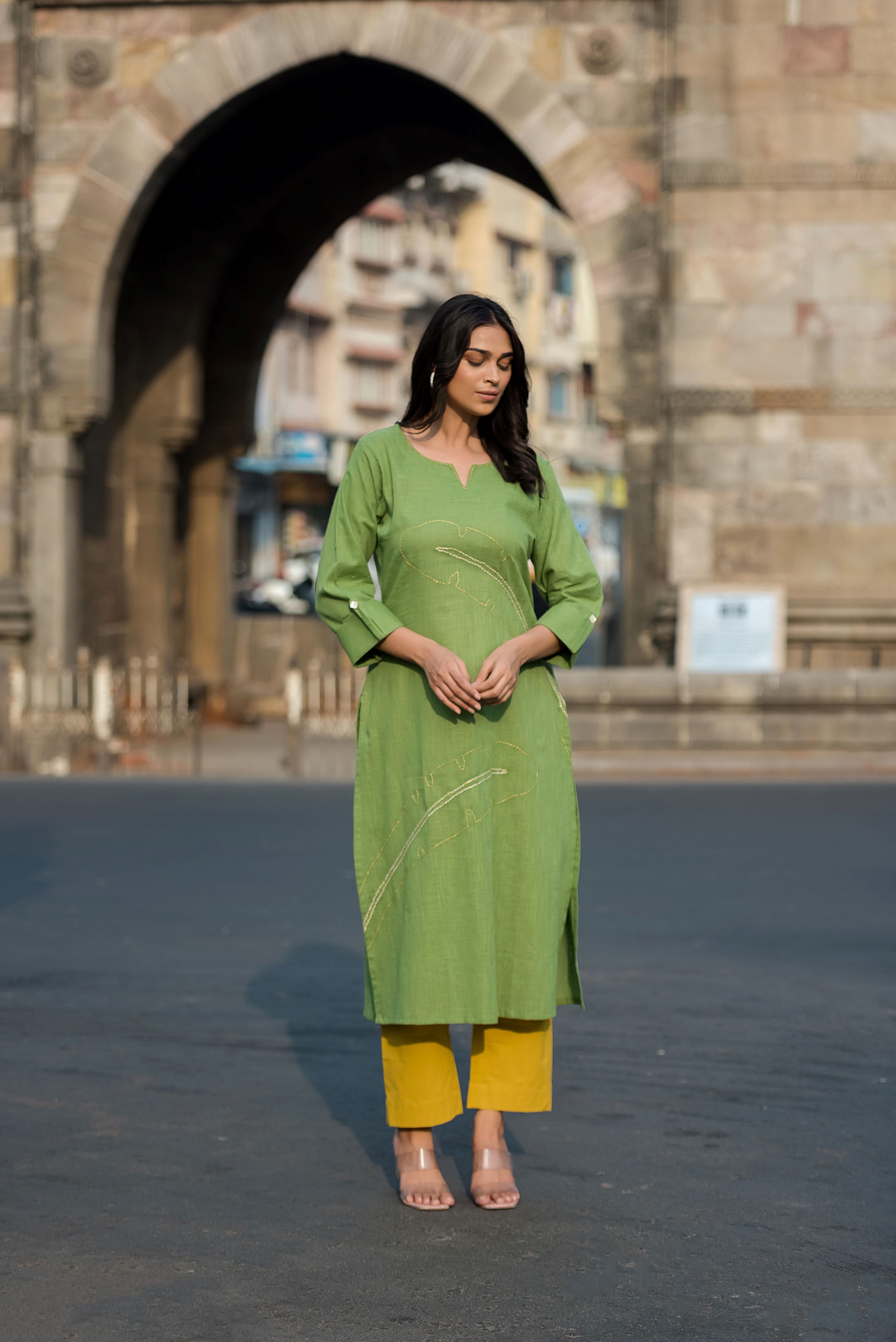 Green Linen Straight-fit Kurta Set