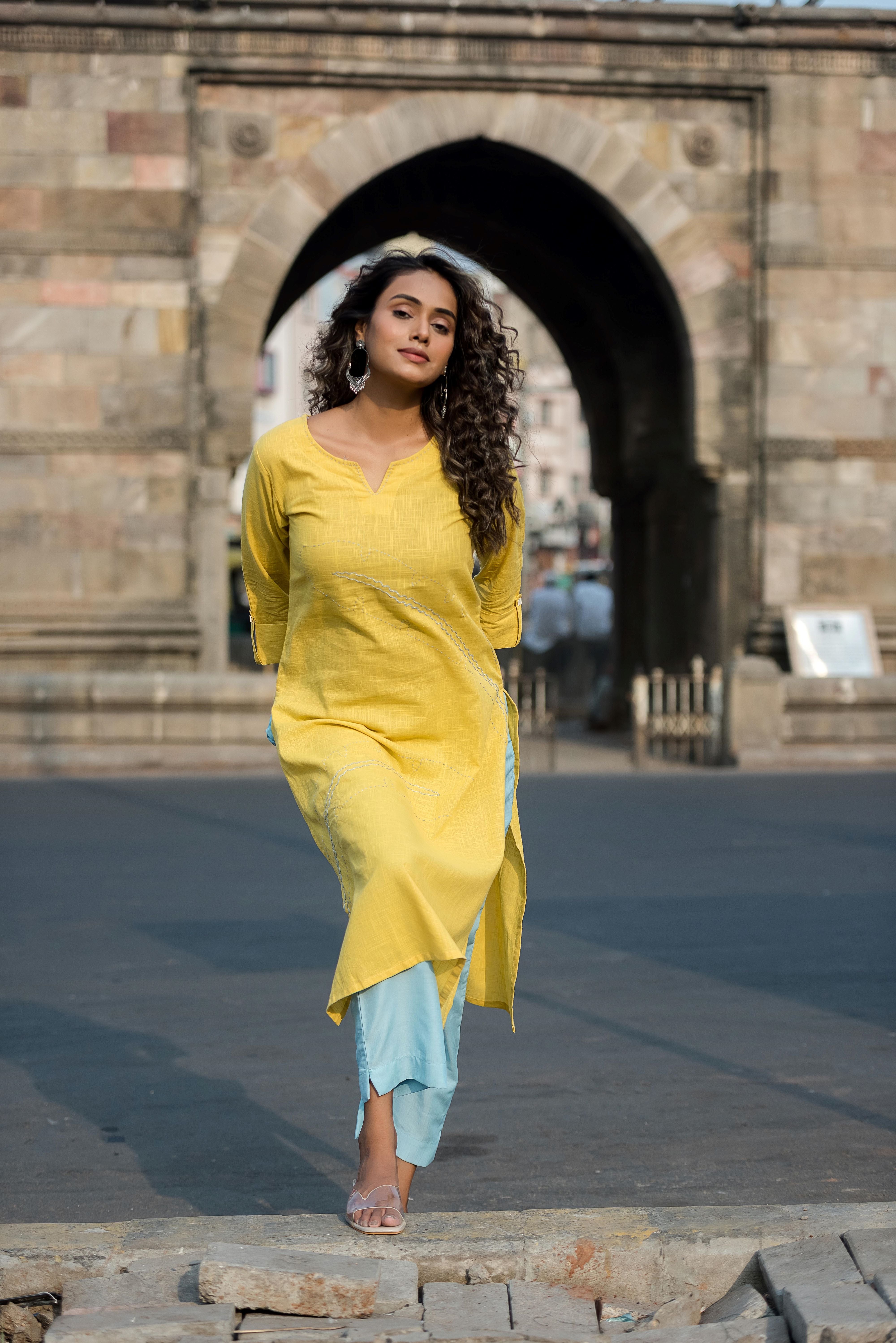 Yellow Straight-fit Kurta Set