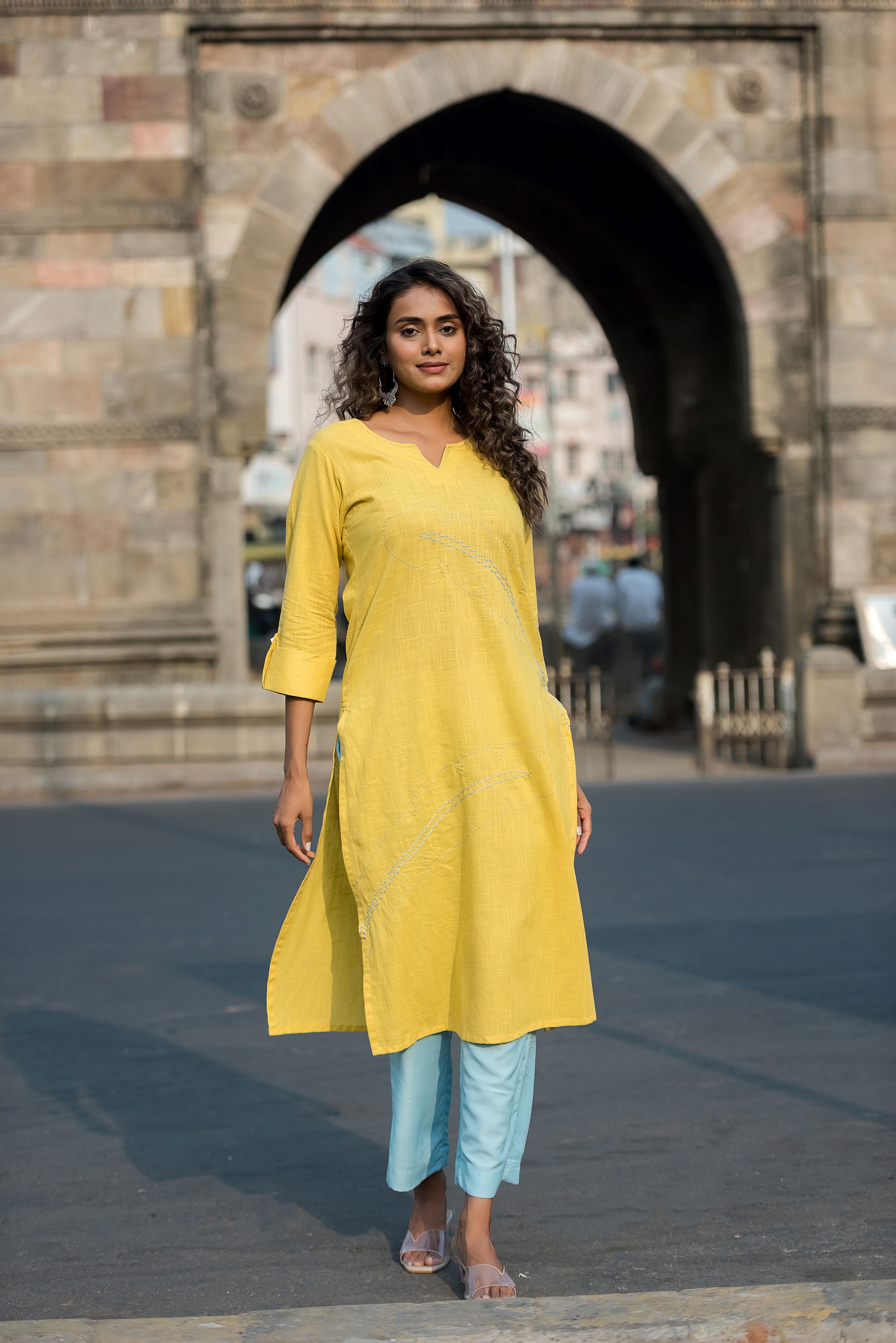 Yellow Straight-fit Kurta Set