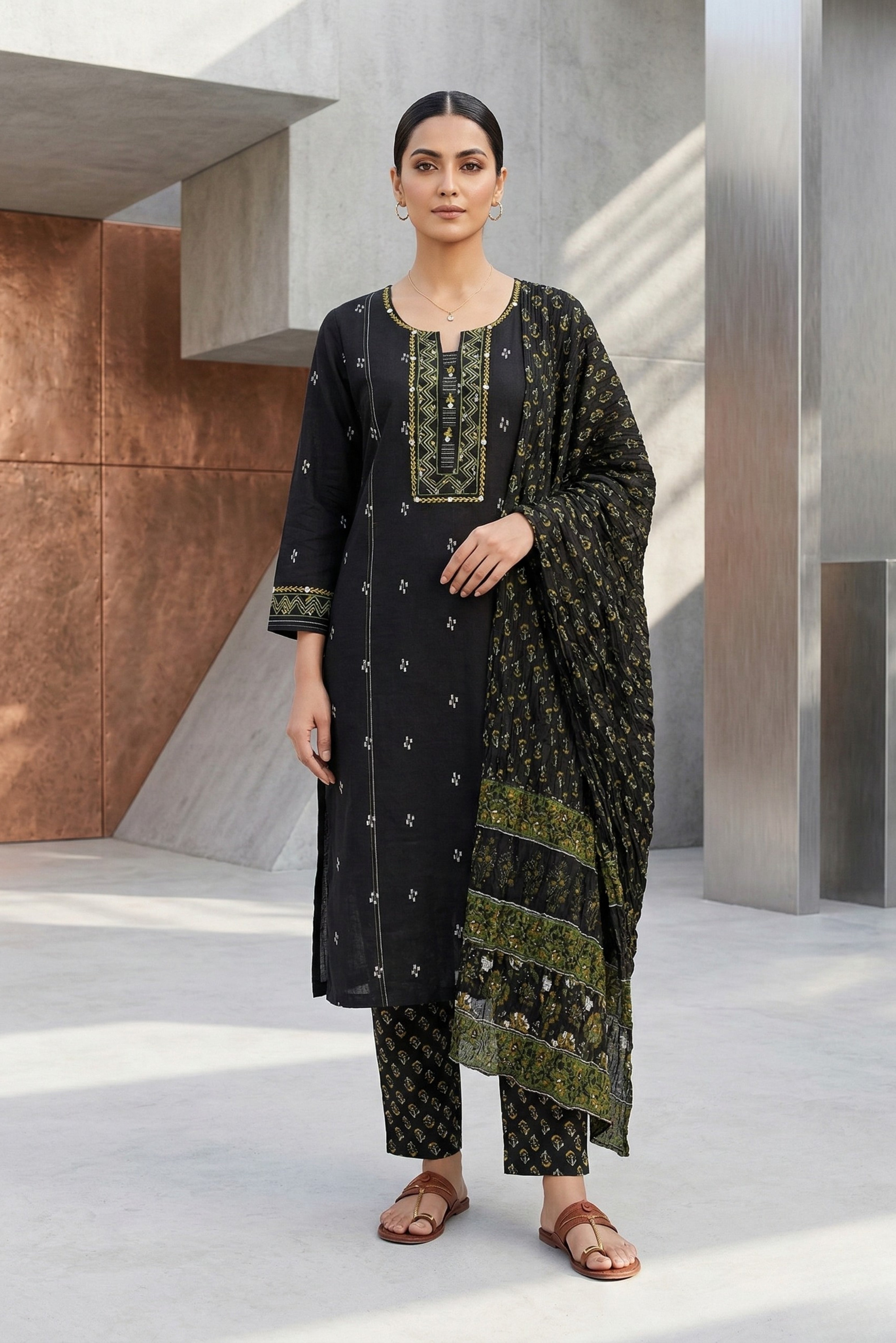 Bright Black Straight Cotton Suit Set