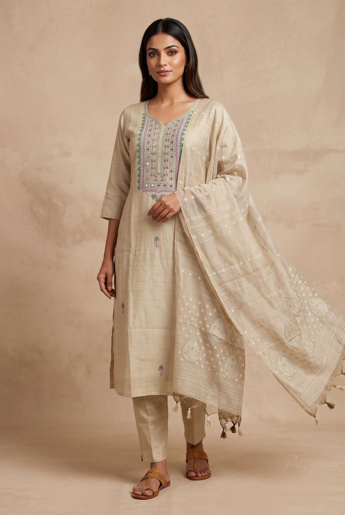 White Poly Linen Silk Straight Salwar Suit