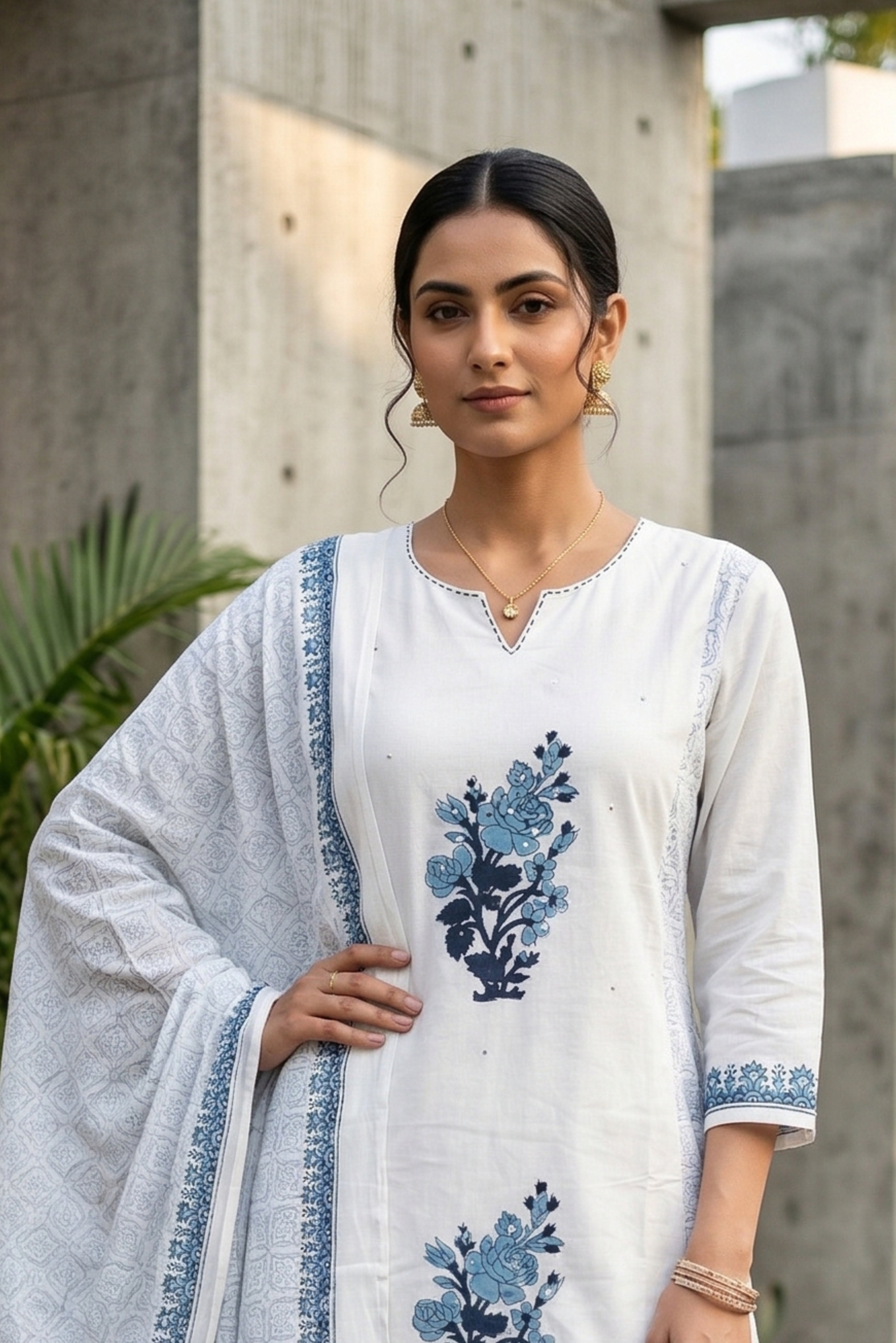 White Straight Cotton Suit Set