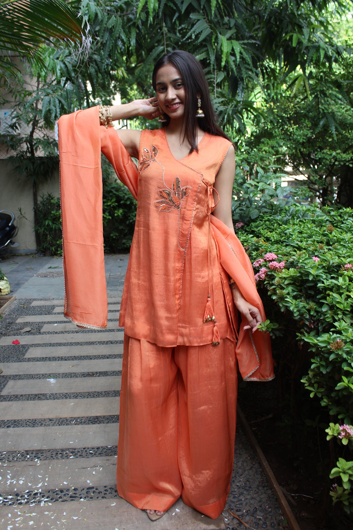 Peach Festive Tissue Short Top and Bottom Set