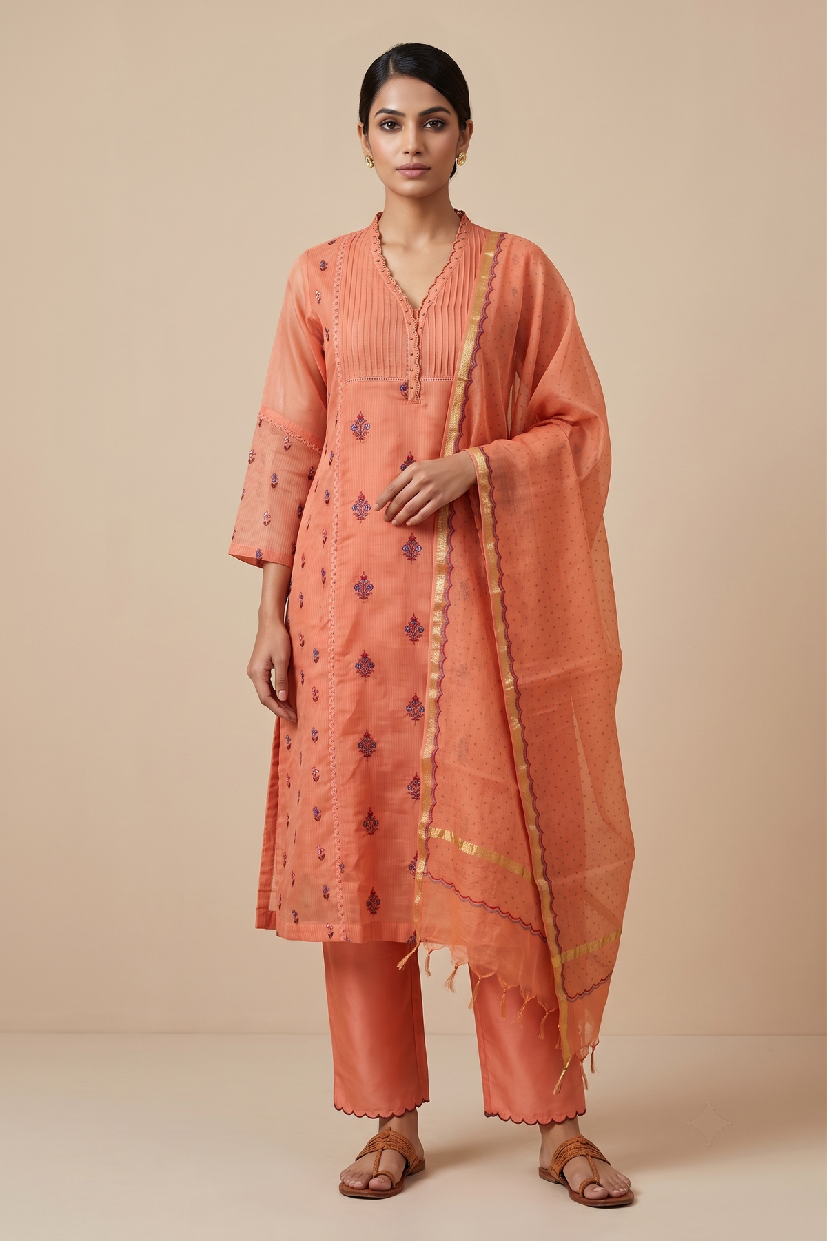 Orange Mal Chanderi A-line Salwar Suit Set