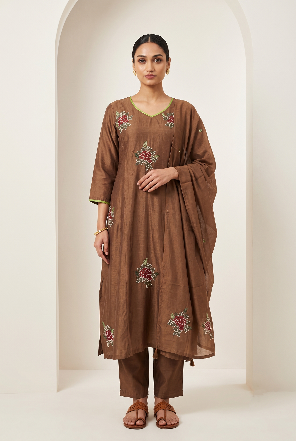 Coffee Mal Chanderi Aline Suit Set