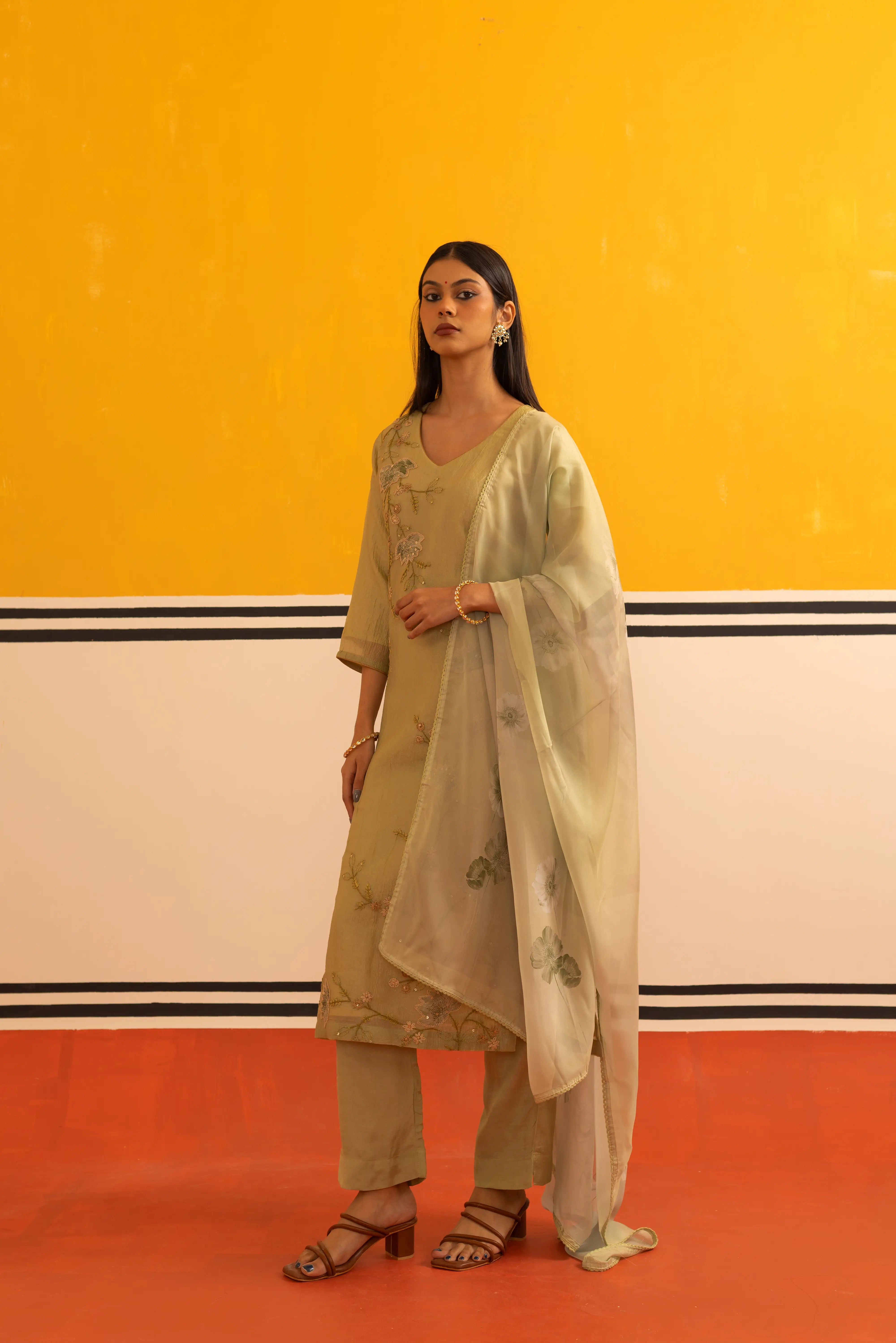 Pista Green Cotton Straight Suit Set