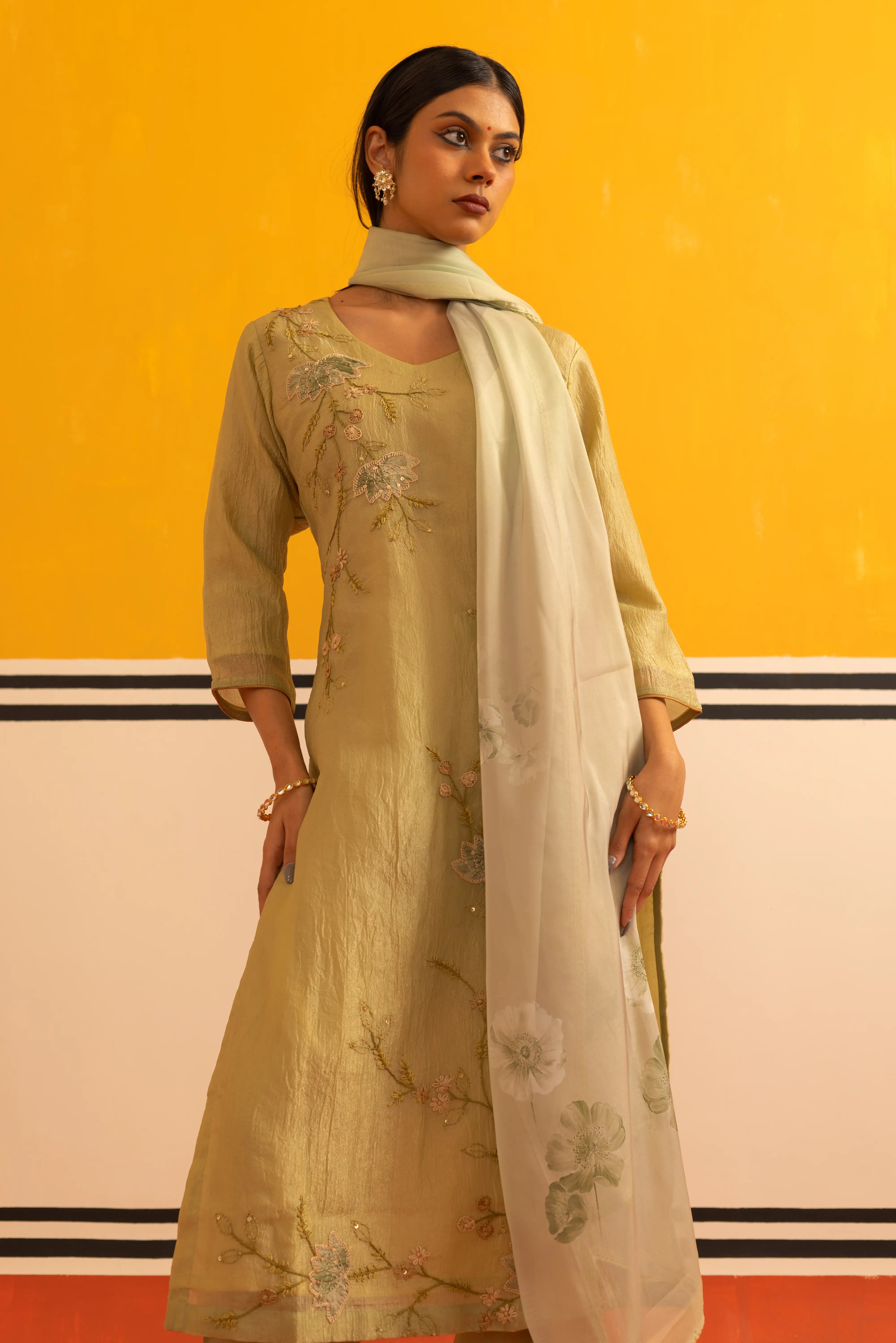 Pista Green Cotton Straight Suit Set