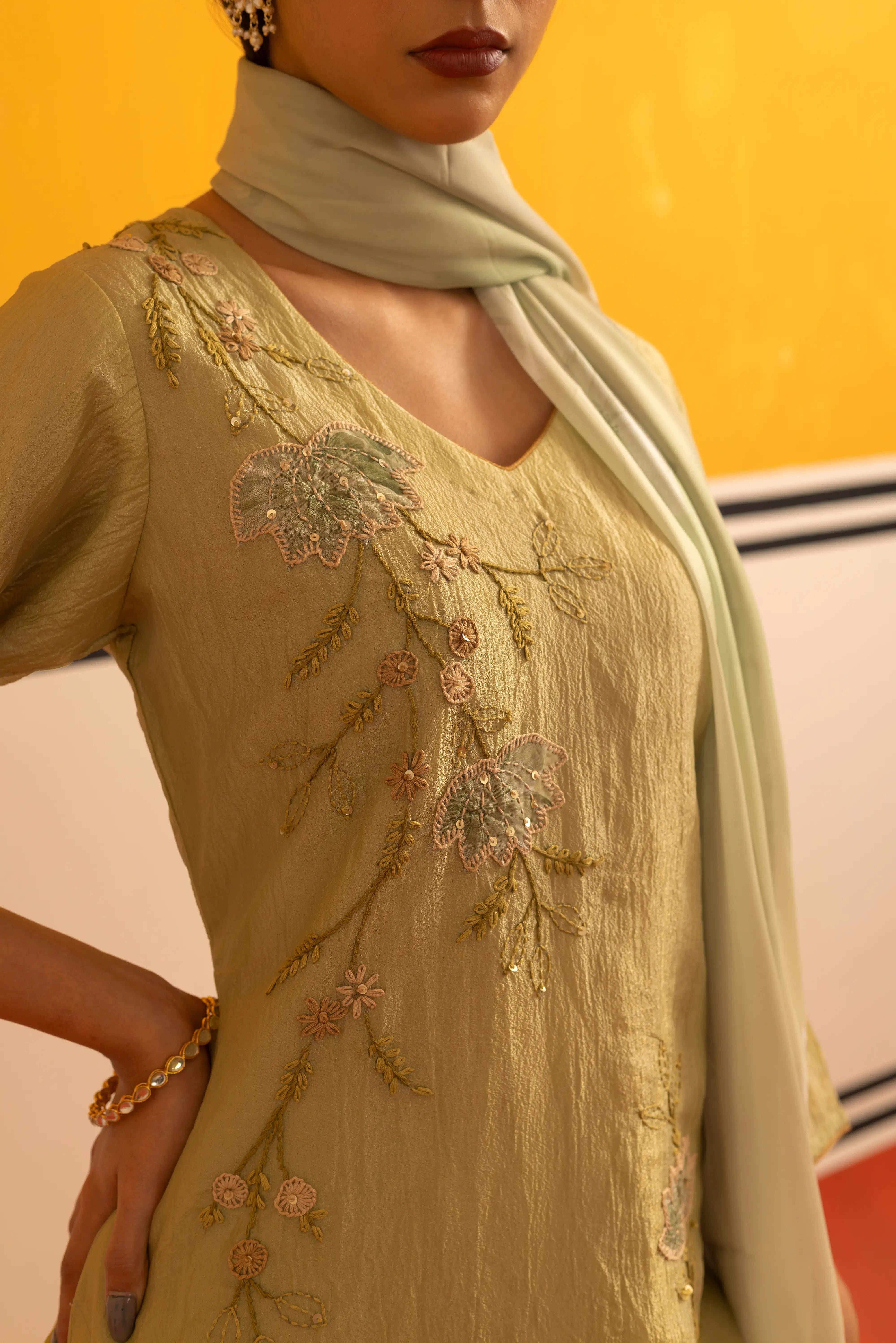 Pista Green Cotton Straight Suit Set