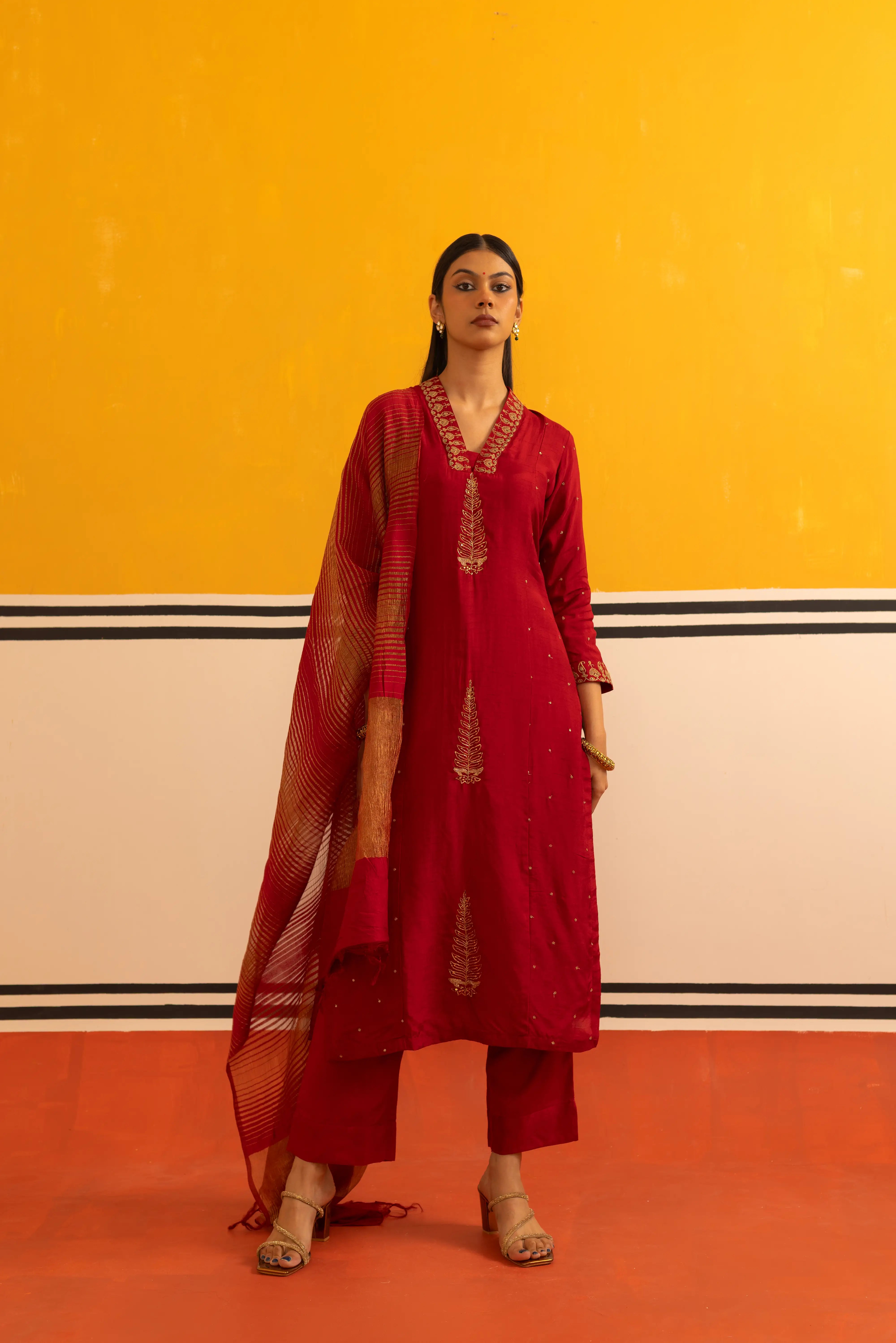 Maroon Silk Straight Suit Set
