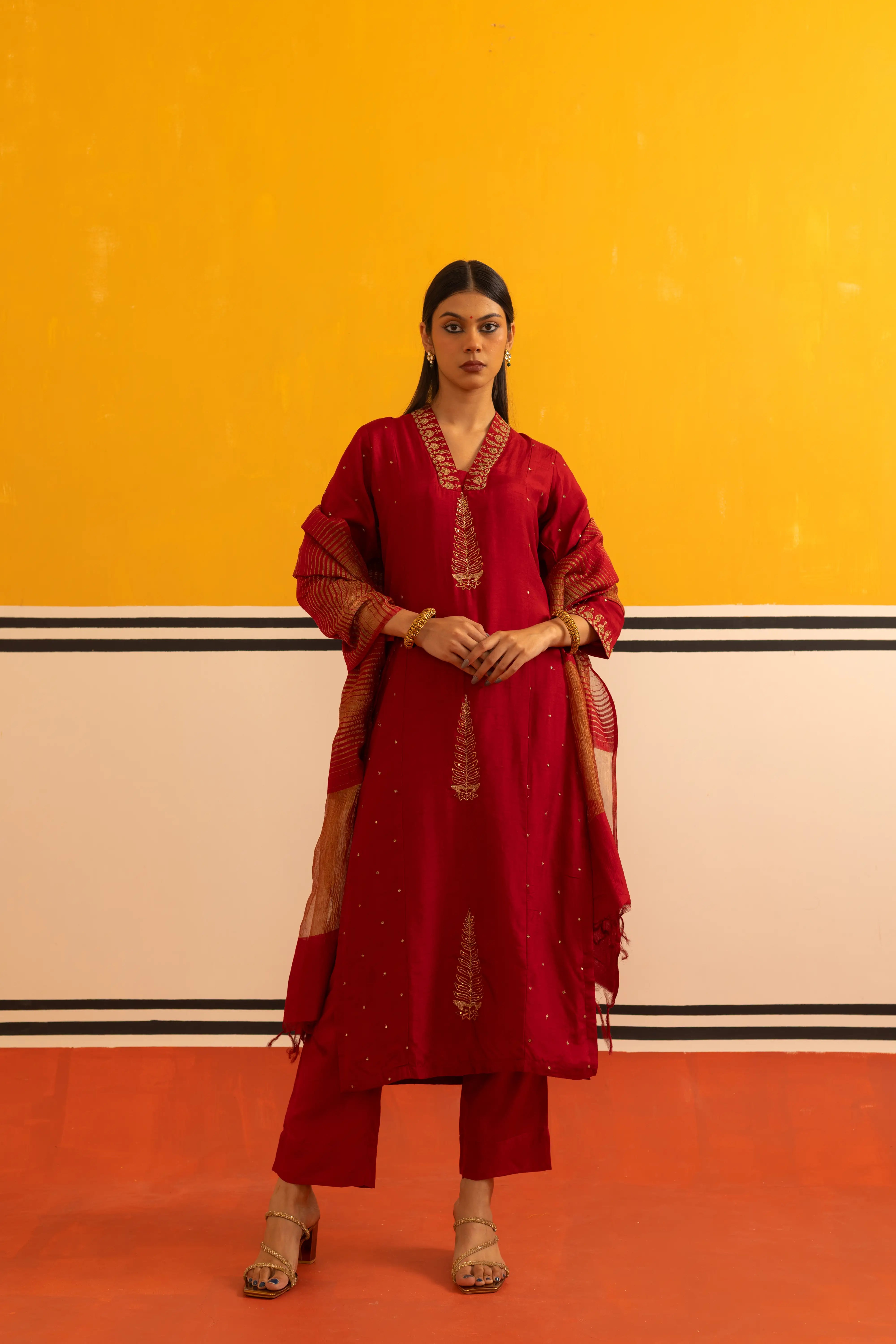 Maroon Silk Straight Suit Set