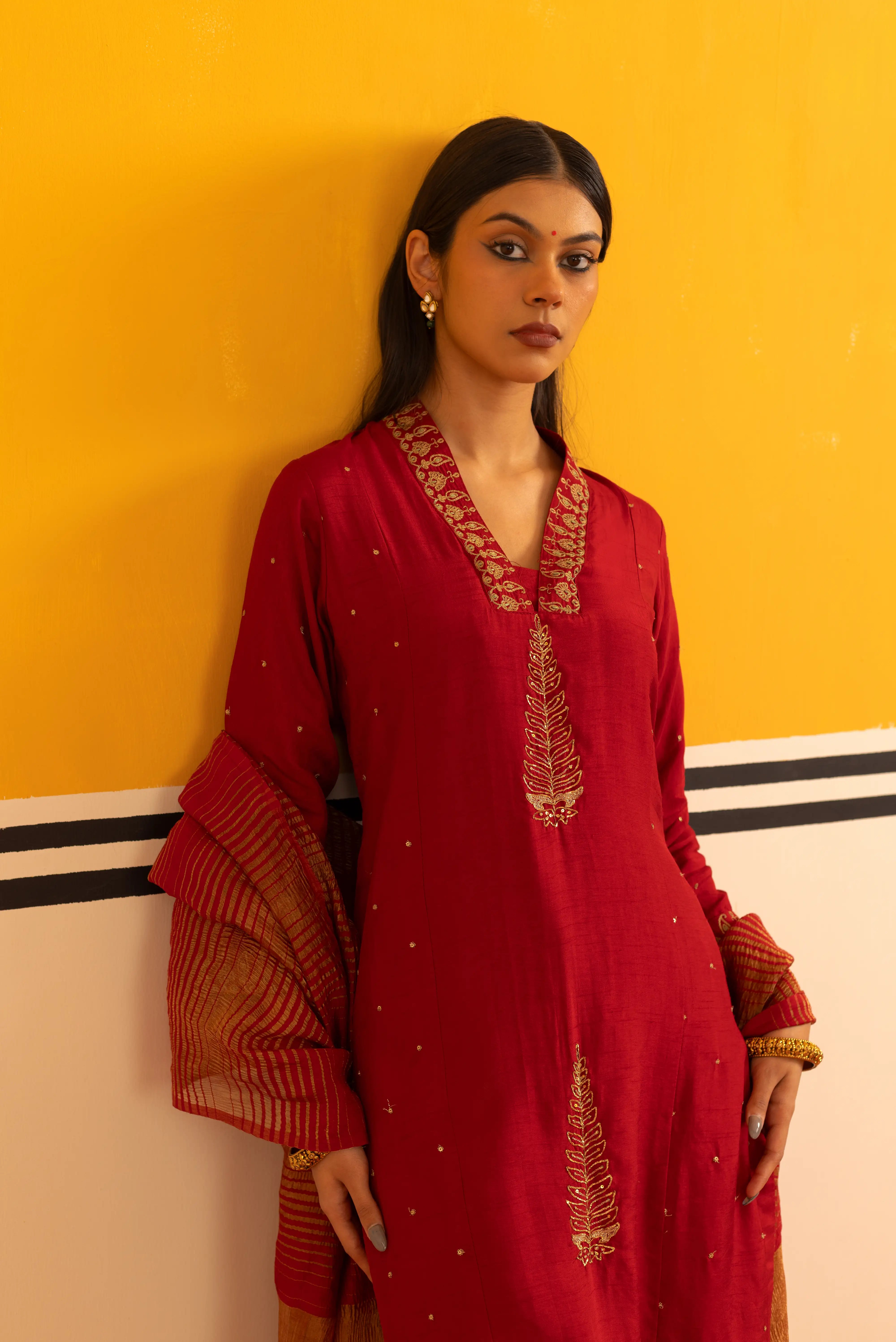 Maroon Silk Straight Suit Set