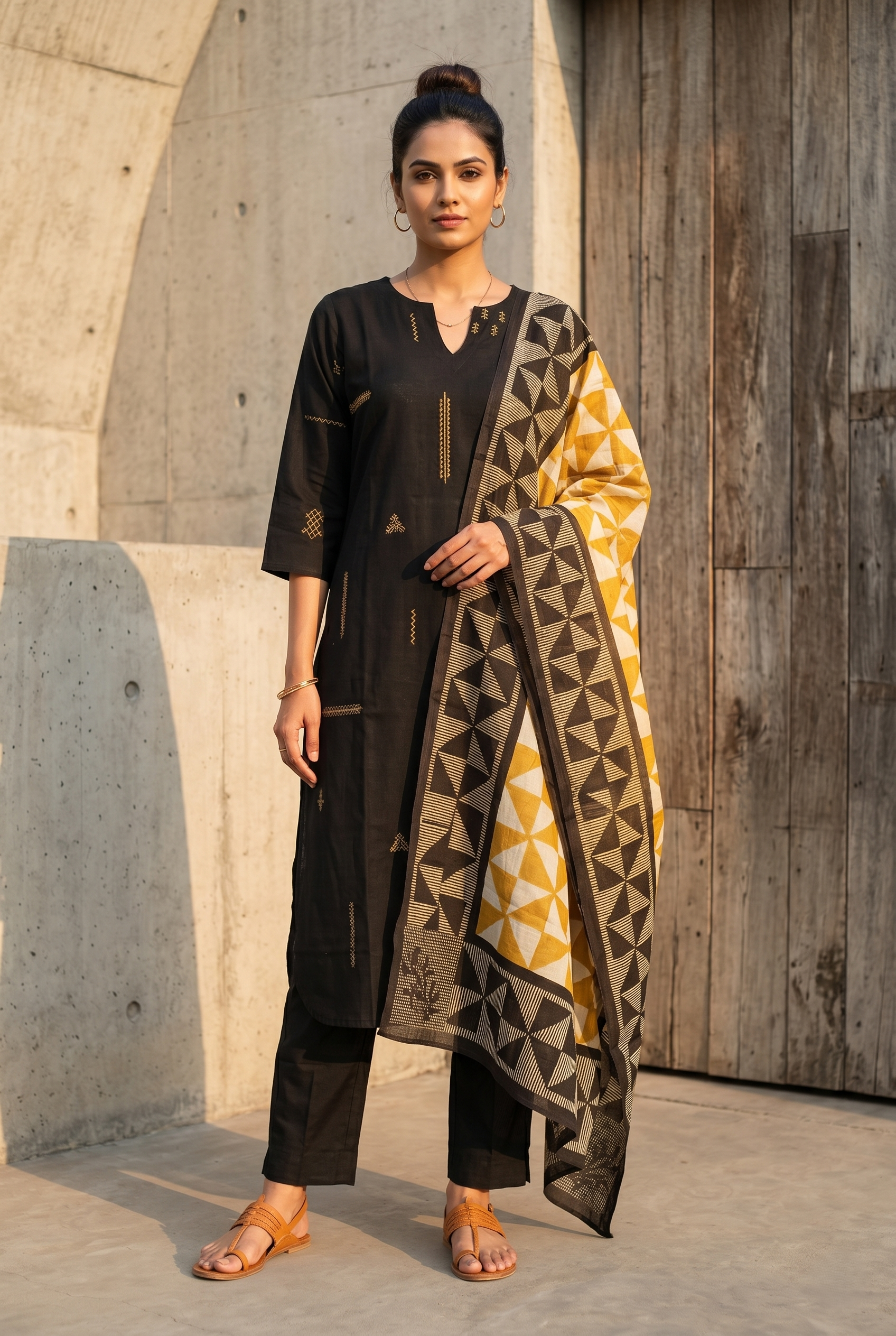 Black Cotton Straight Suit Set