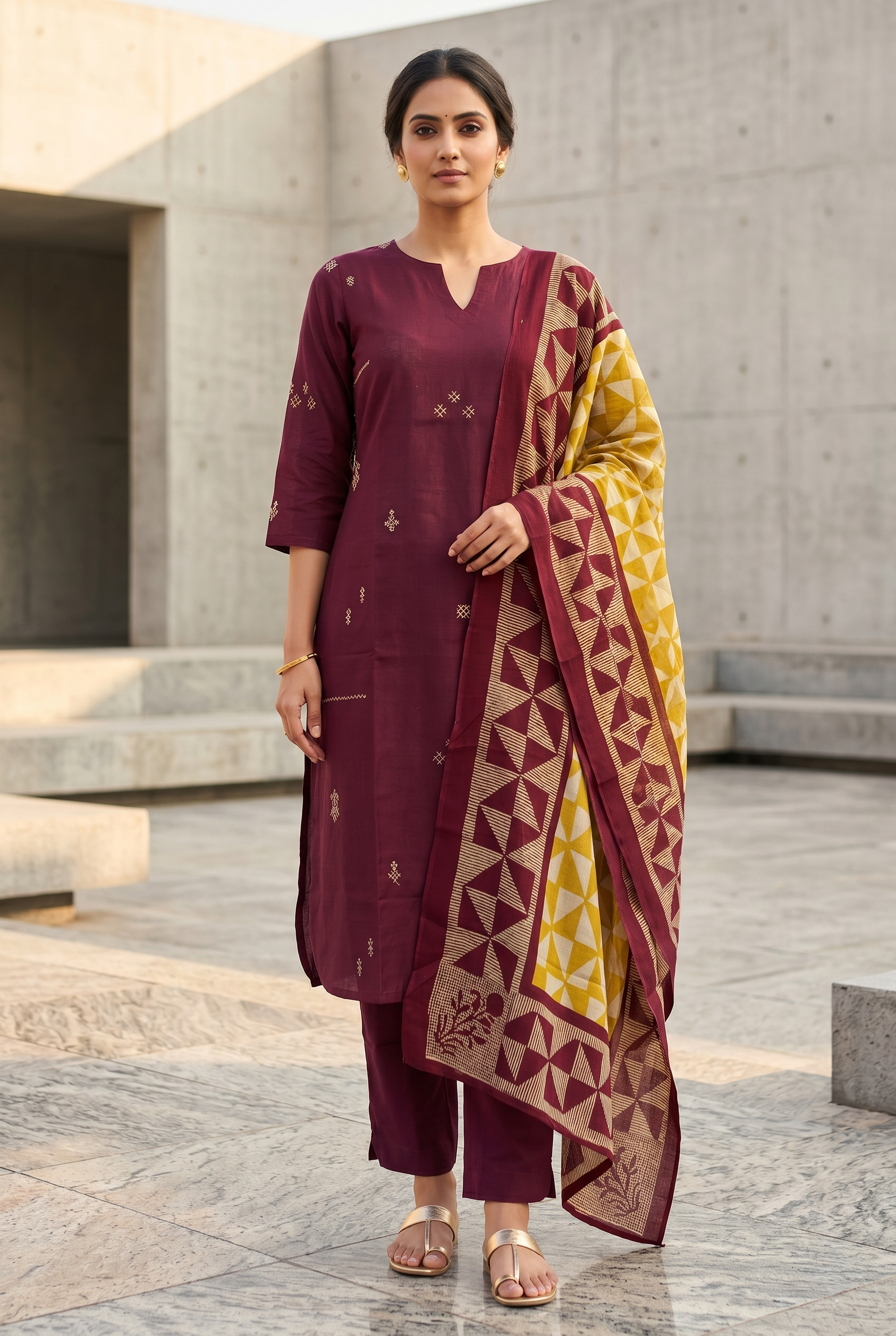 Wine Cotton Straight Suit Set