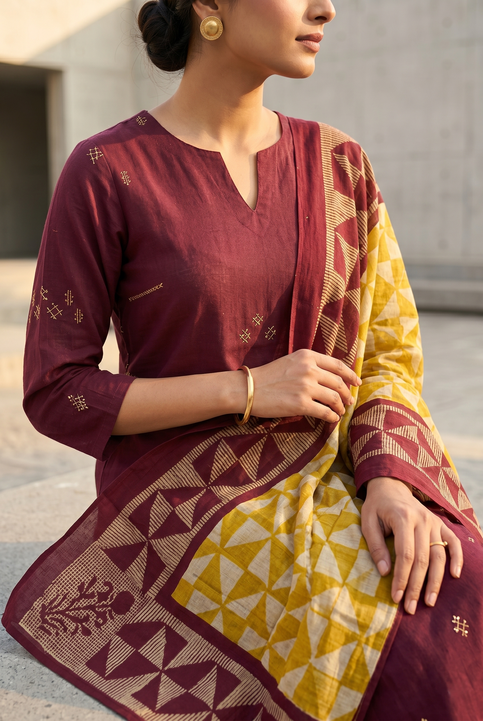 Wine Cotton Straight Suit Set