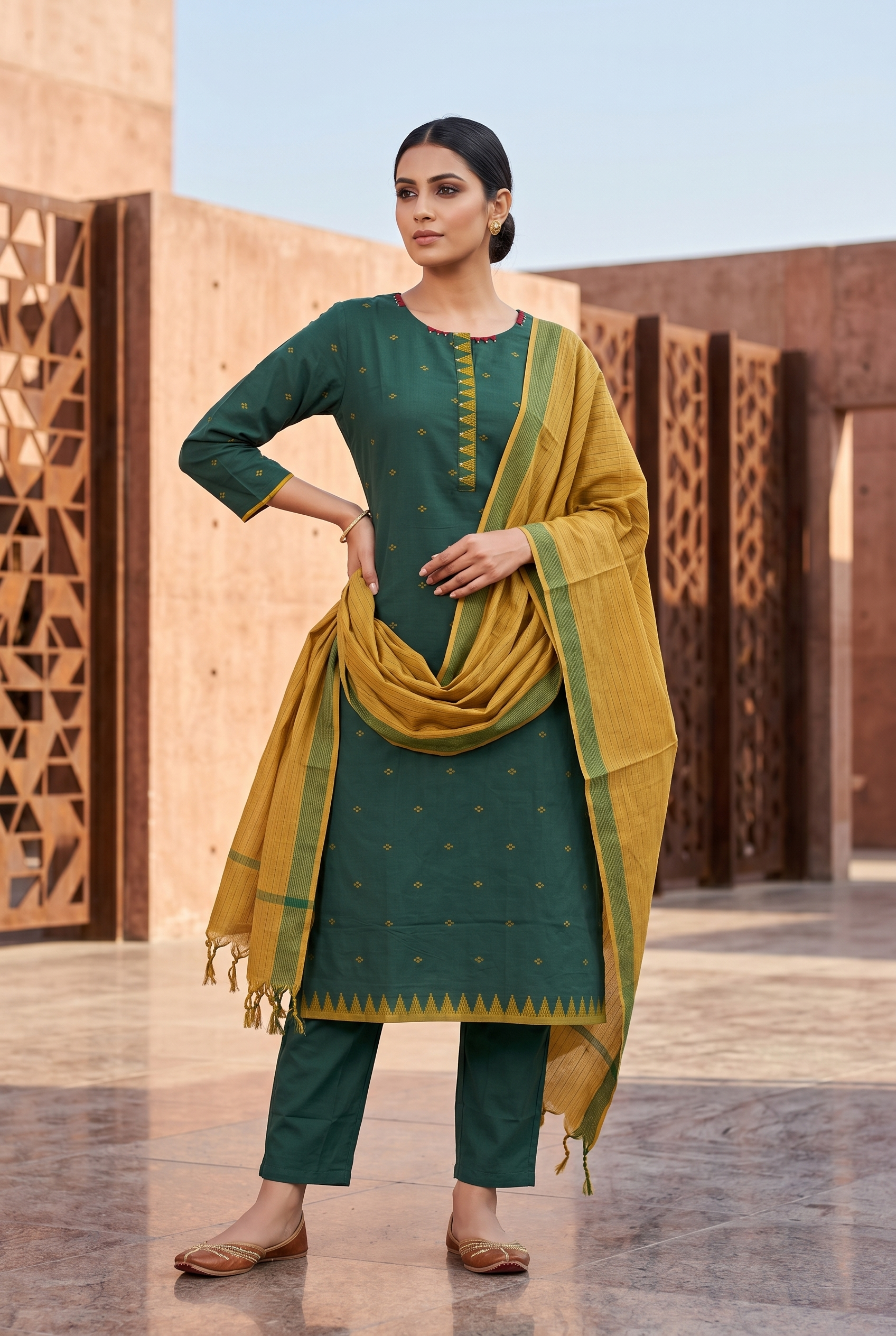 Green Dobby Straight Suit Set