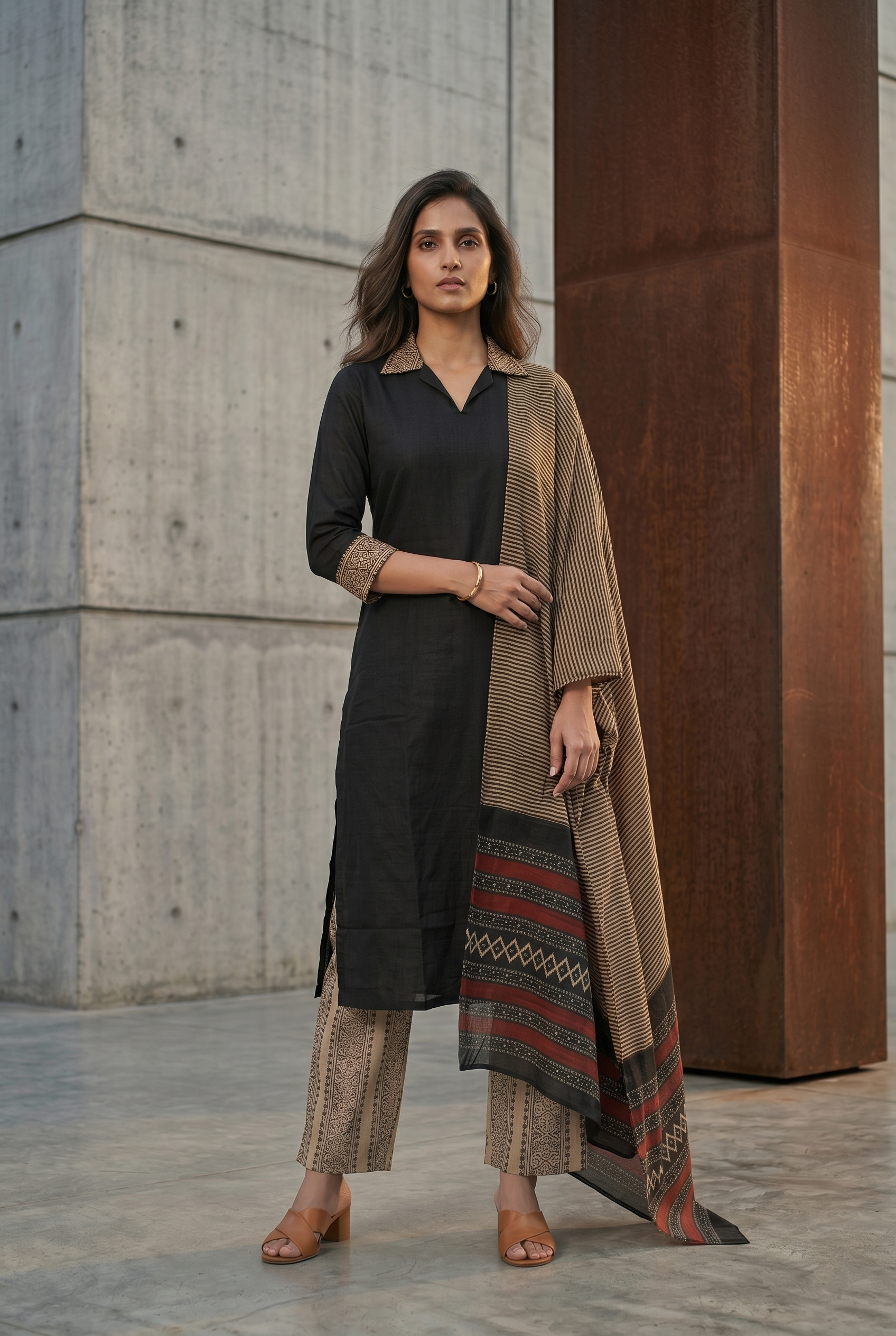 Black Linen Slub Straight Suit Set