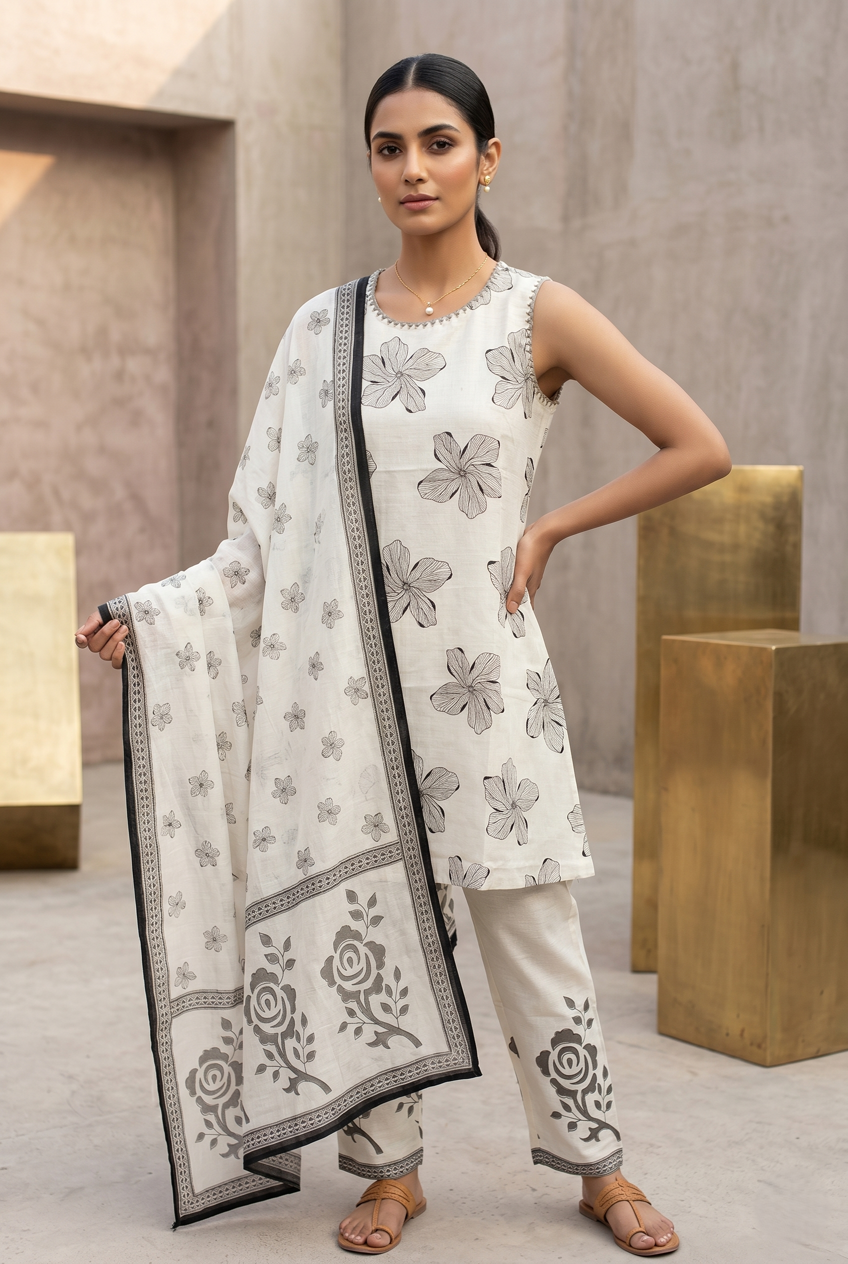 Grey Cotton Flax A-Line Suit Set