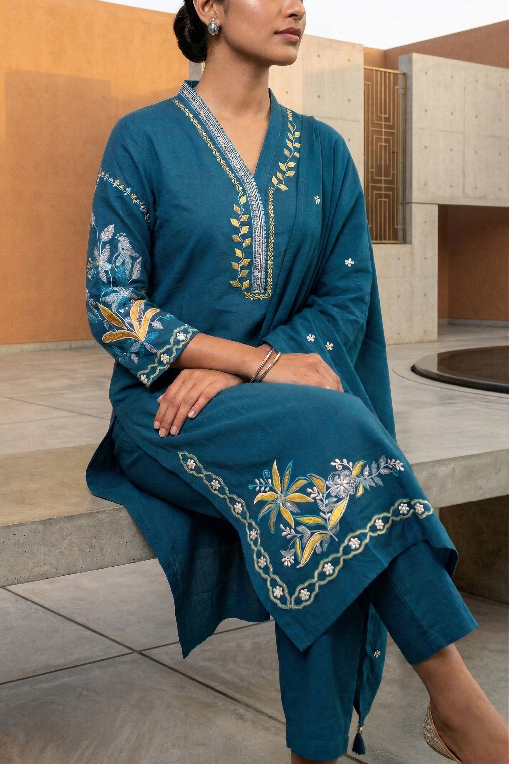 Teal Cotton Straight Suit Set