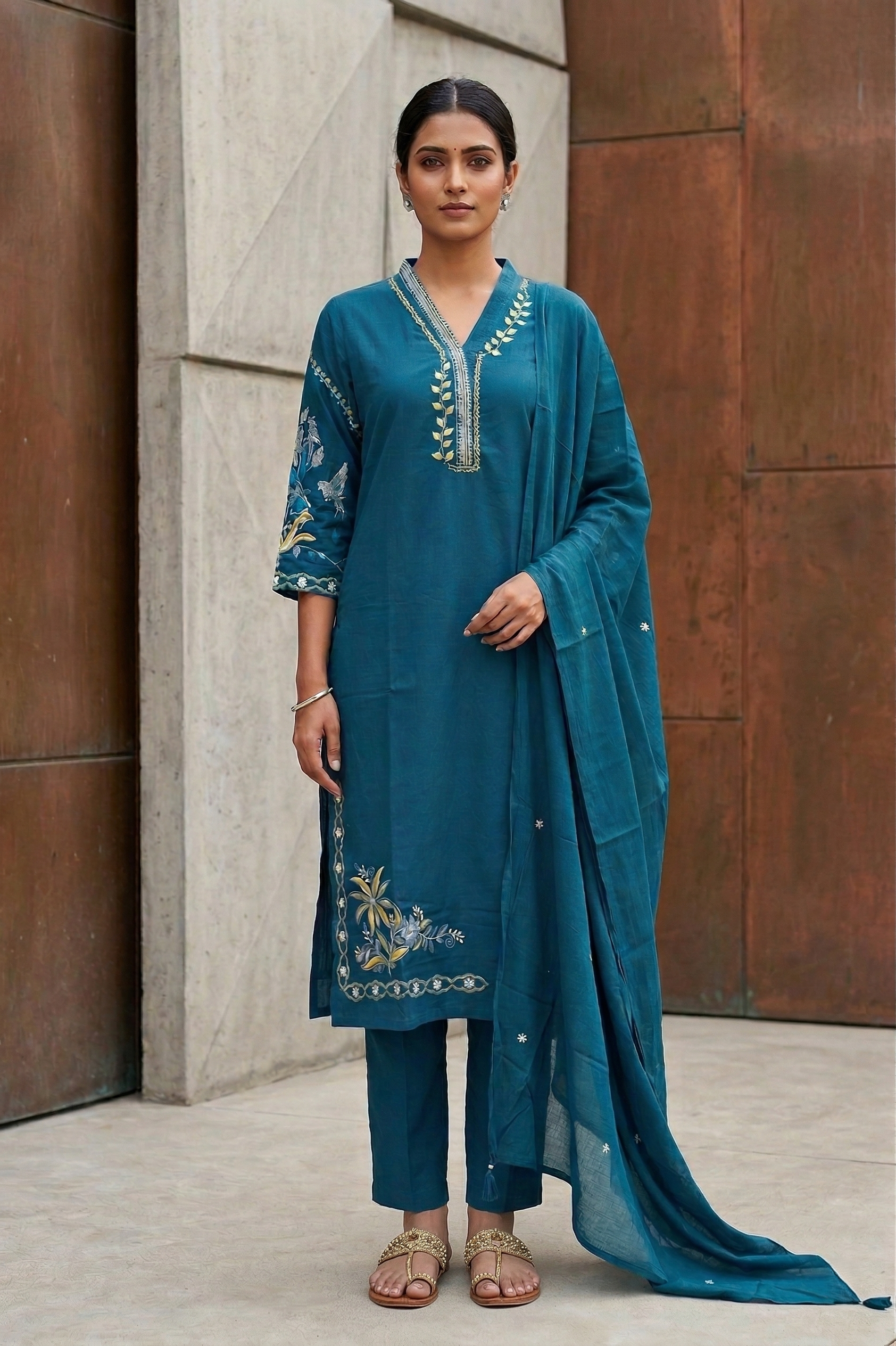 Teal Cotton Straight Suit Set