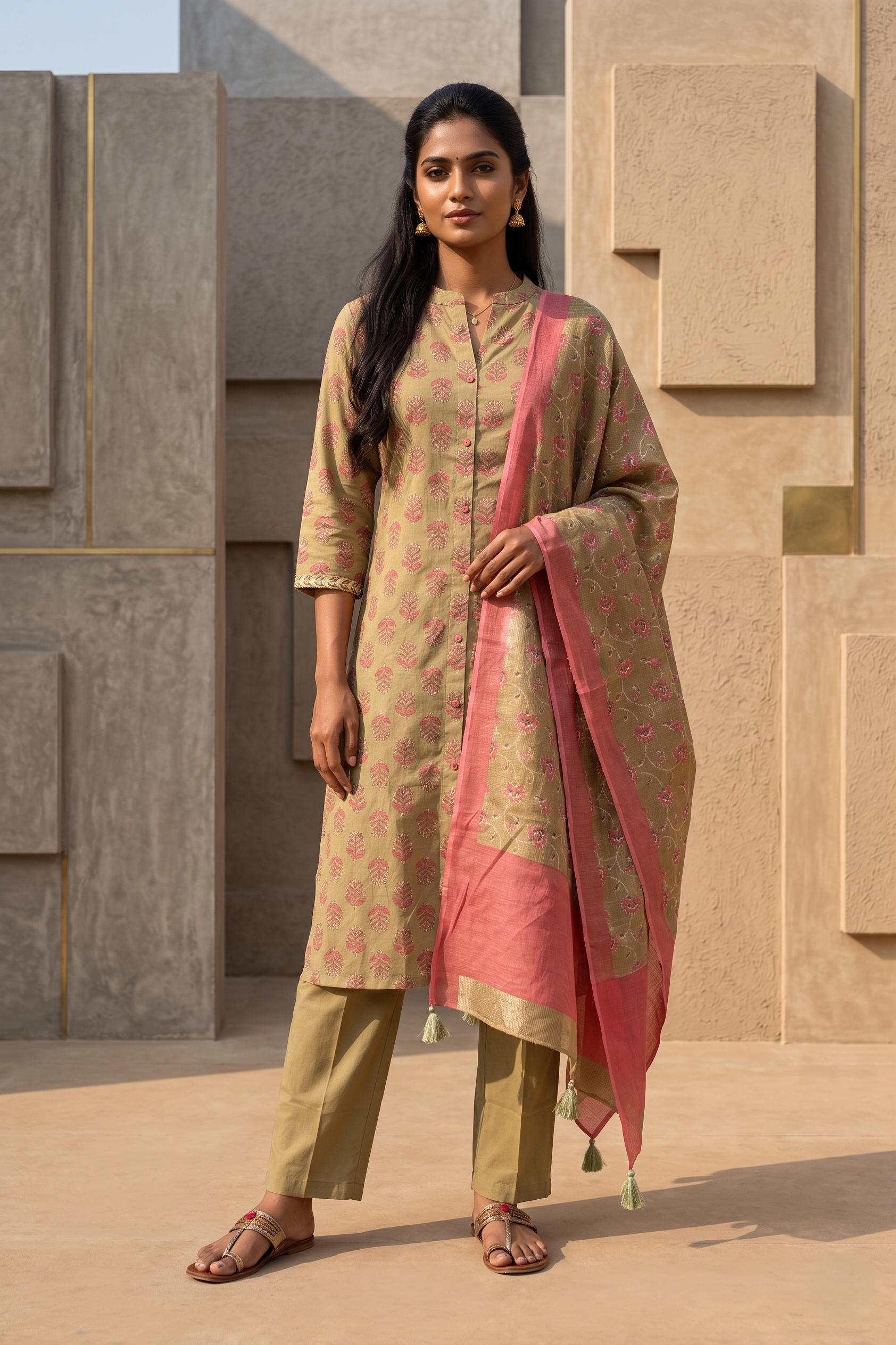 Olive Cotton Straight Jaipuri Print Salwar Suit Set
