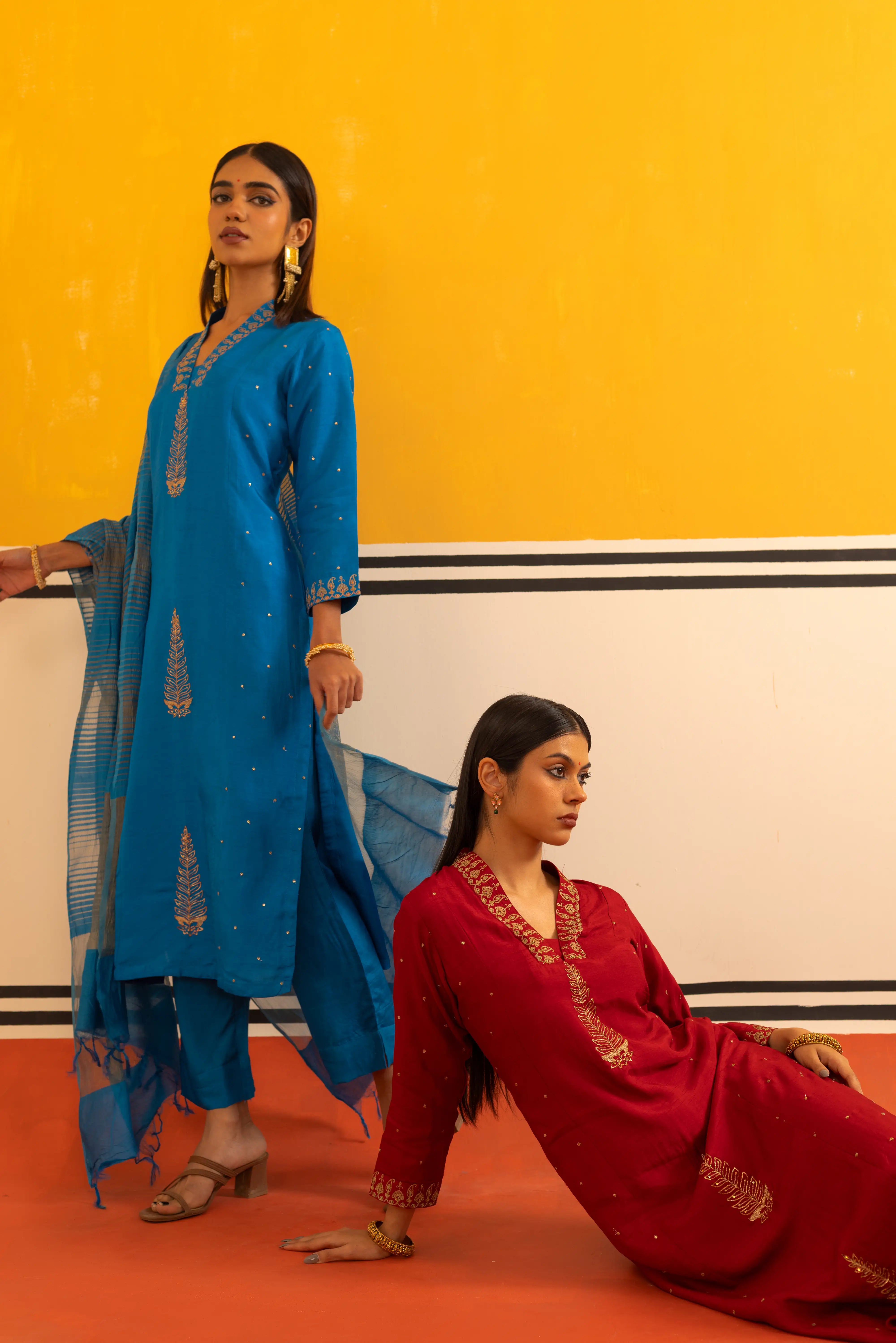 Firozi Silk Straight Suit Set