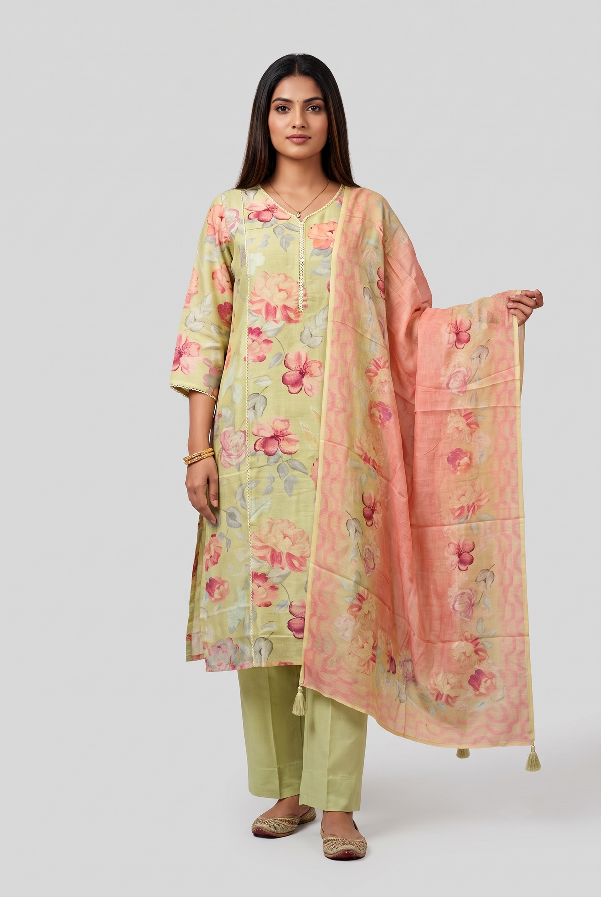 Yellow  Semi-Linen Slub A-line Salwar Suit Set