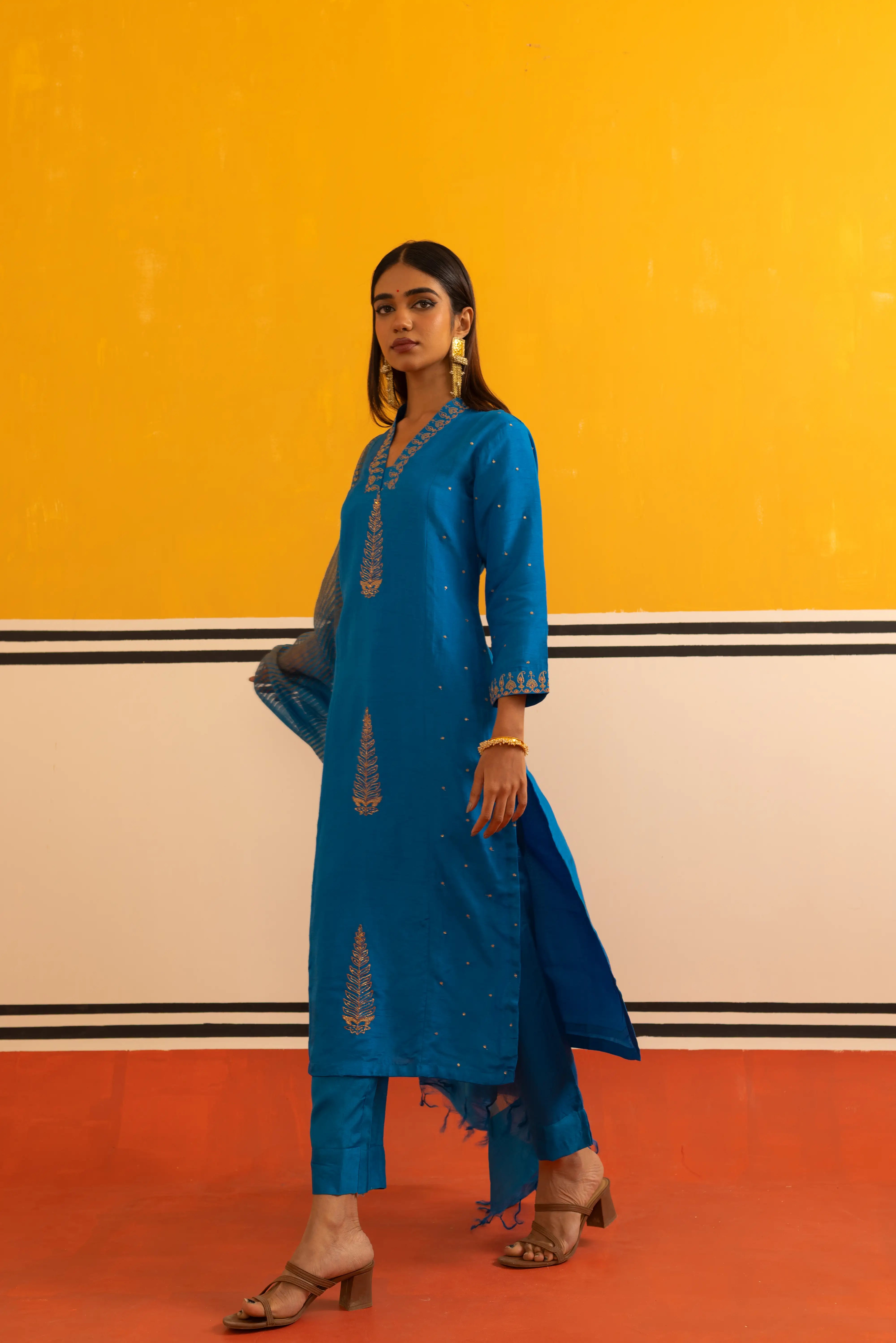 Firozi Silk Straight Suit Set