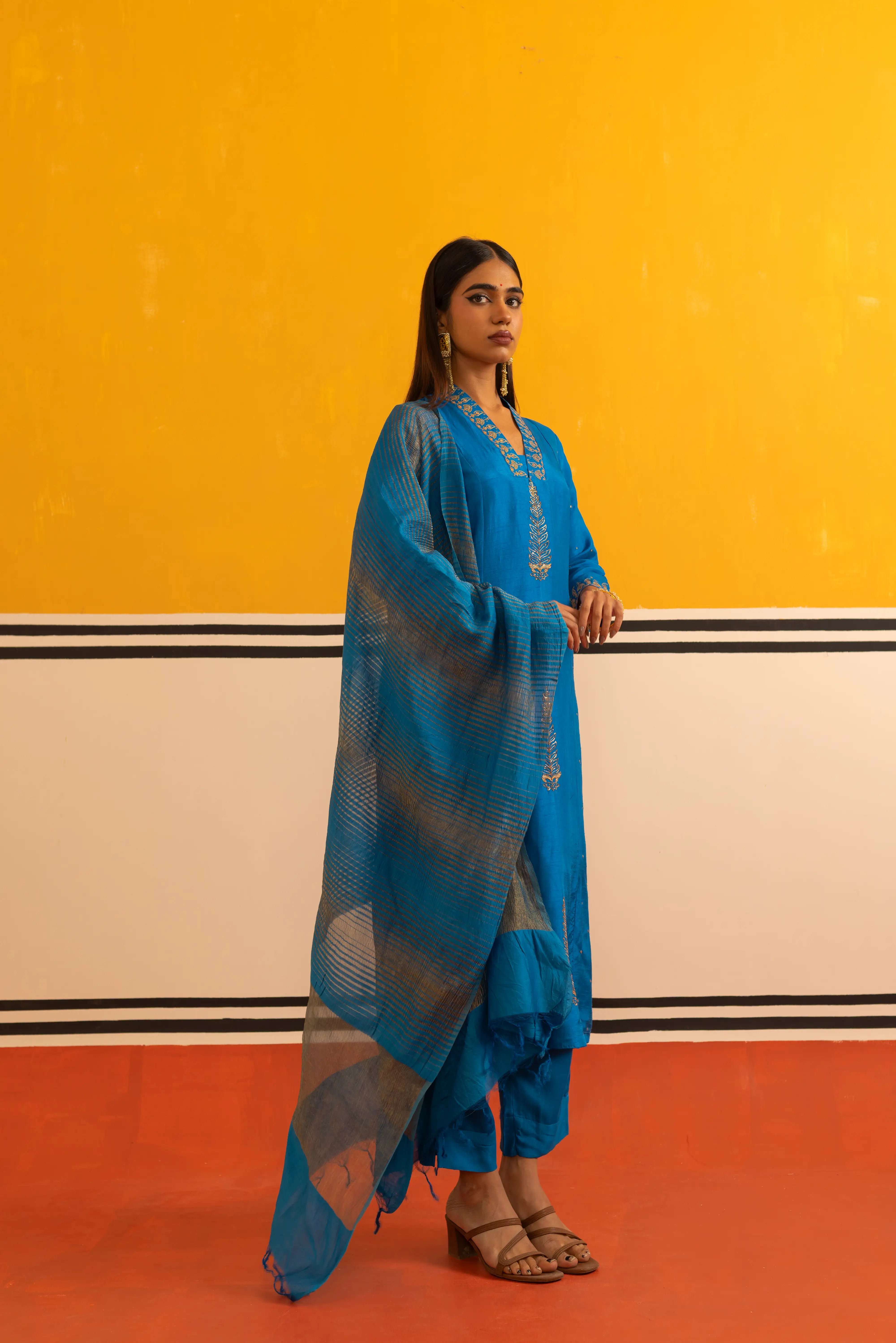 Firozi Silk Straight Suit Set