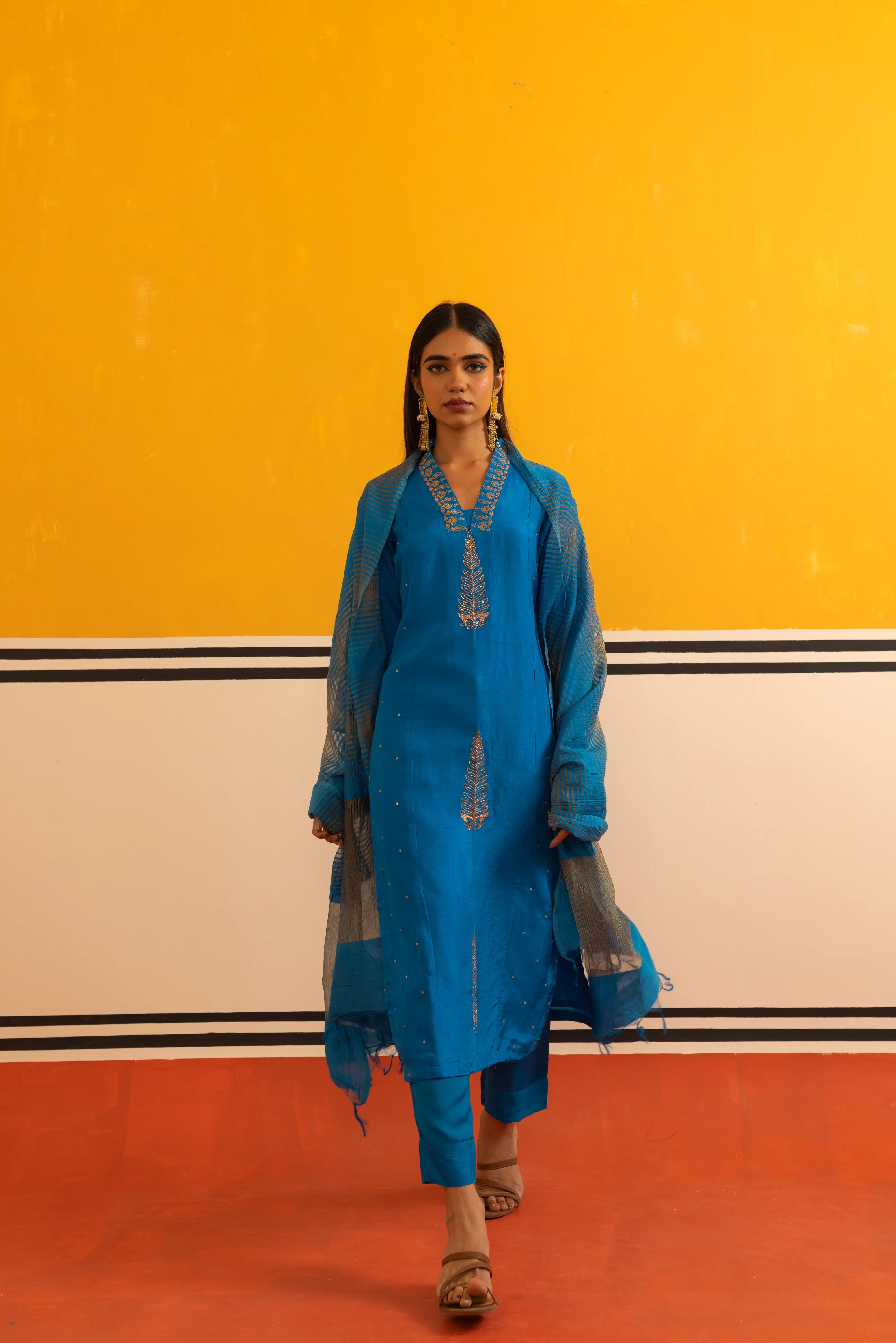 Firozi Silk Straight Suit Set