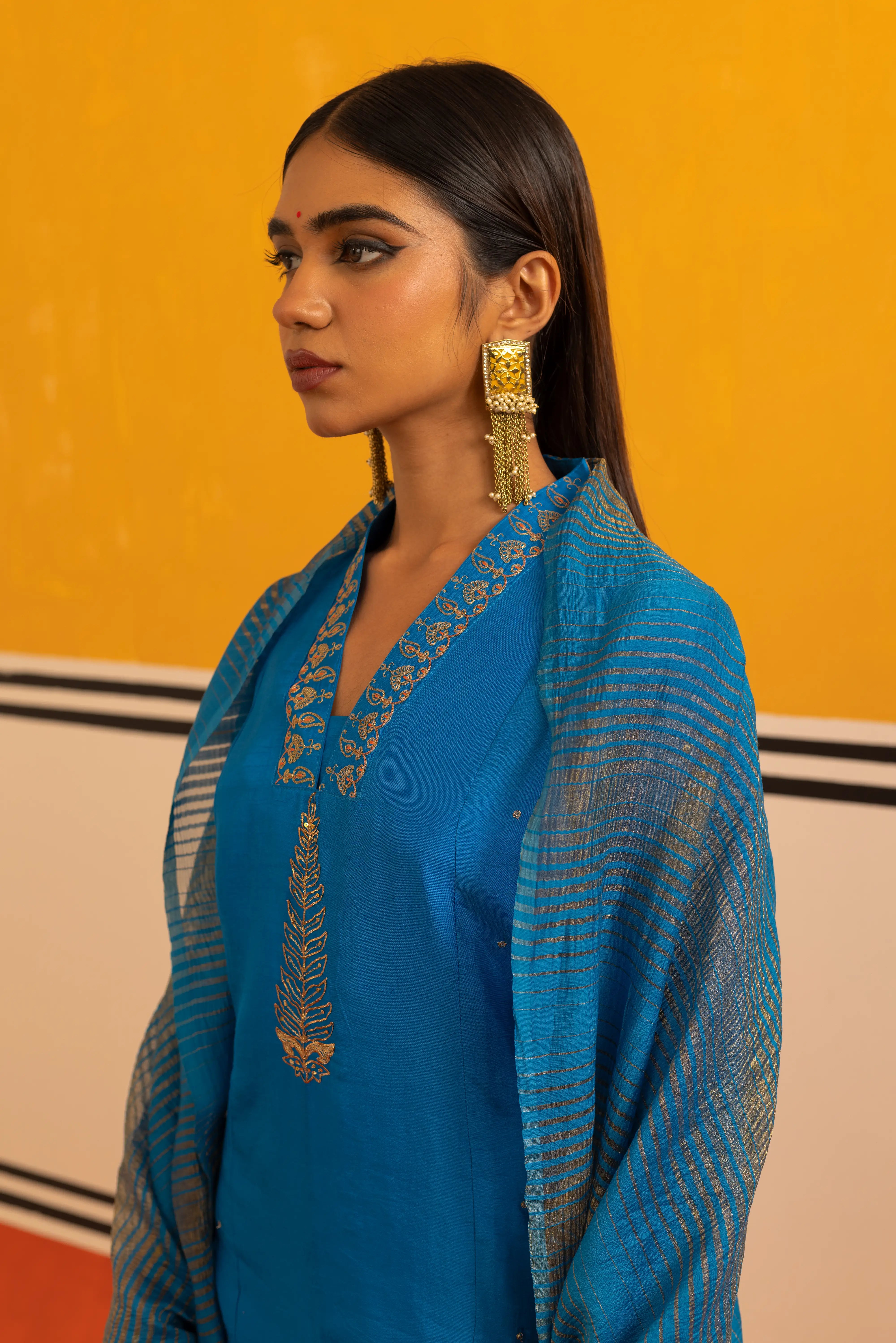 Firozi Silk Straight Suit Set