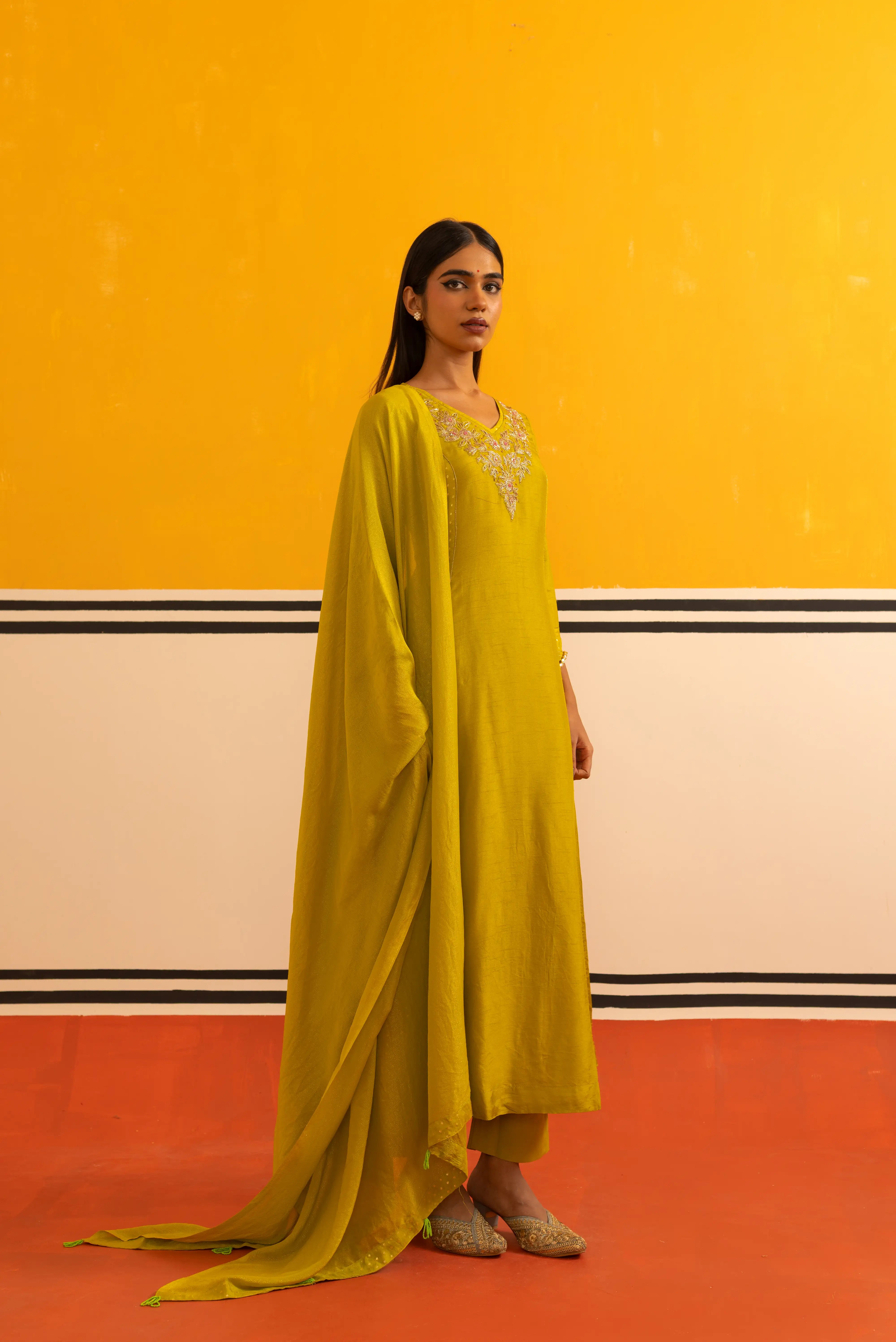 Lemon Dola Silk Flared Suit Set